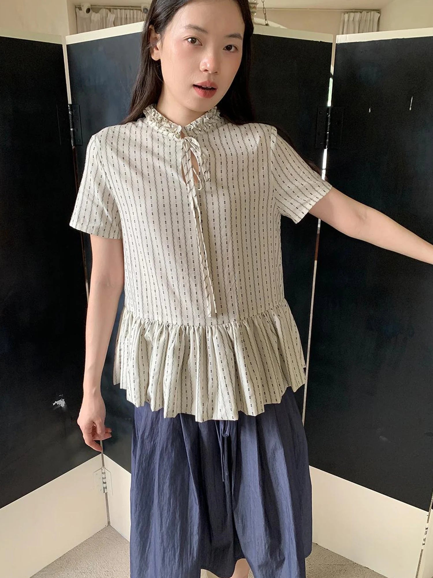 Cross Tie A Line Denim Wrap Mini Skirt