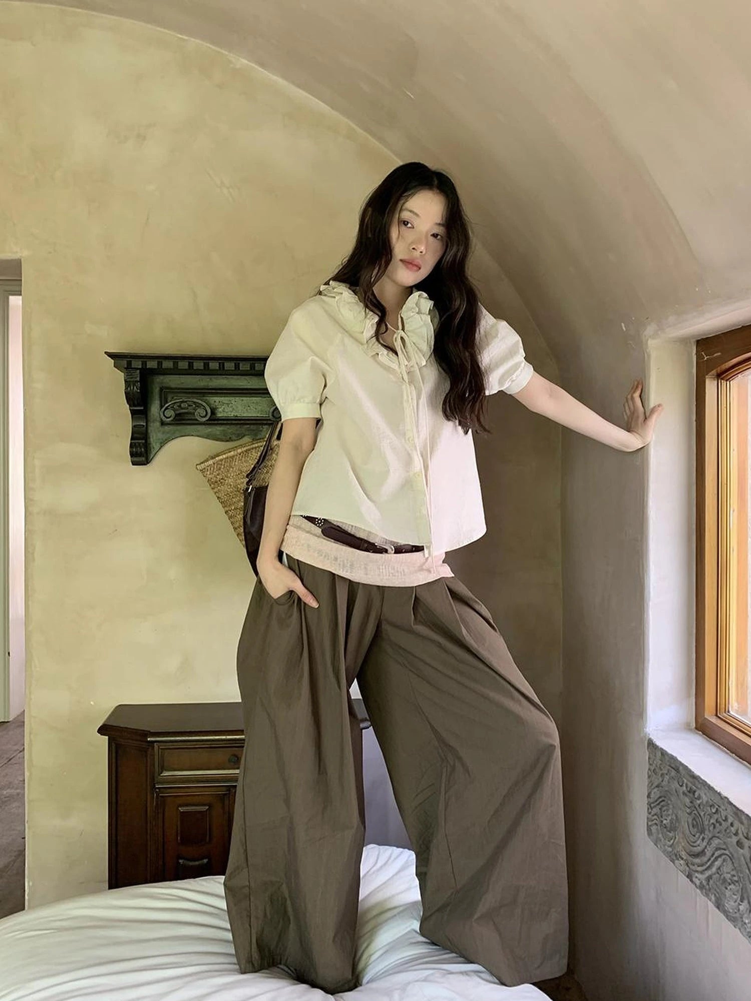 Crumpled Cotton Nylon Wide Leg Trousers With Bone Pleats