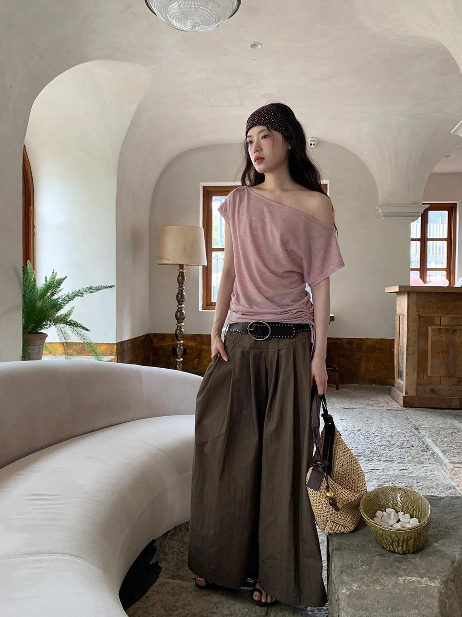 Crumpled Cotton Nylon Wide Leg Trousers With Bone Pleats