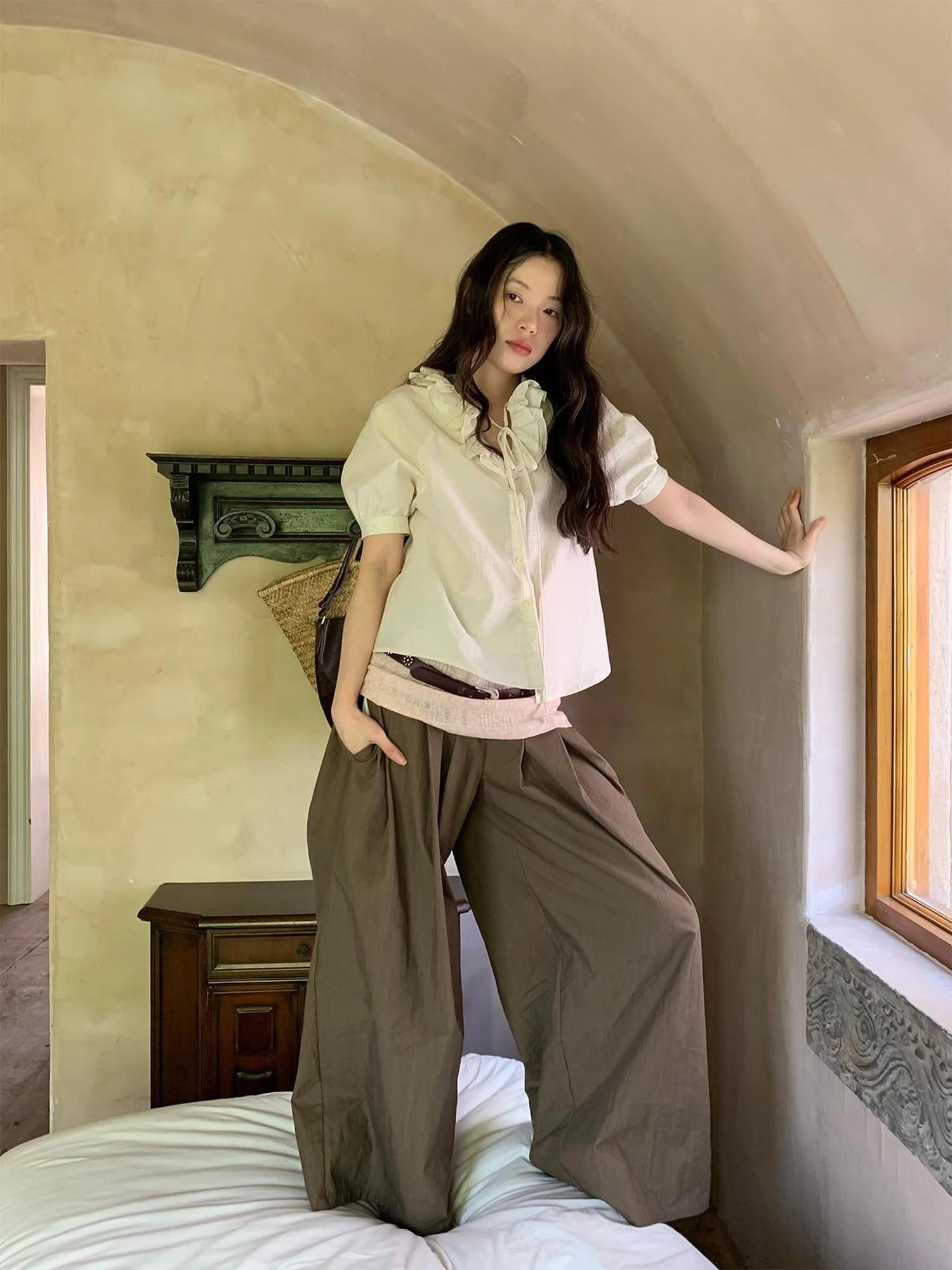 Crumpled Cotton Nylon Wide Leg Trousers With Bone Pleats