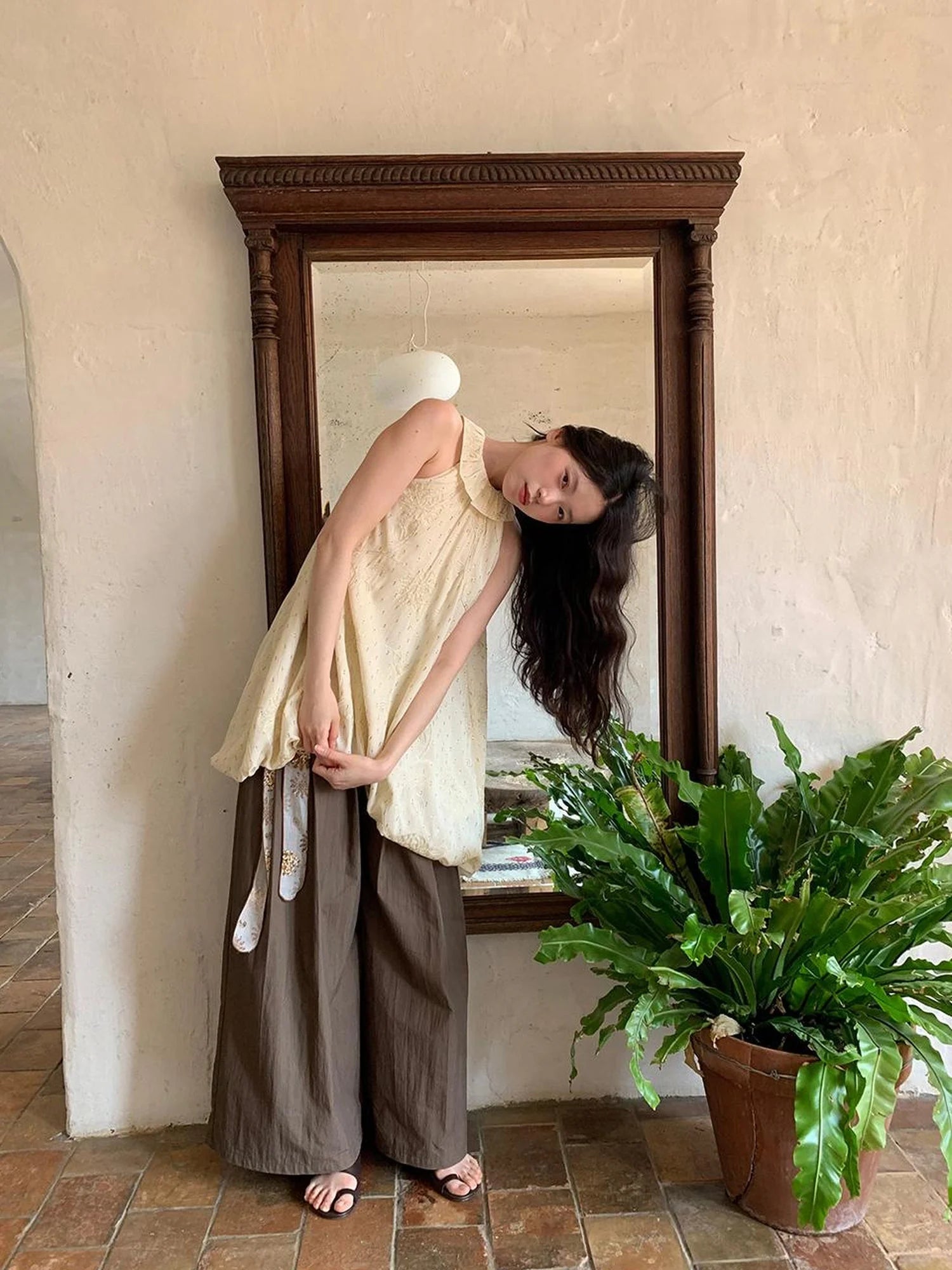 Crumpled Cotton Nylon Wide Leg Trousers With Bone Pleats