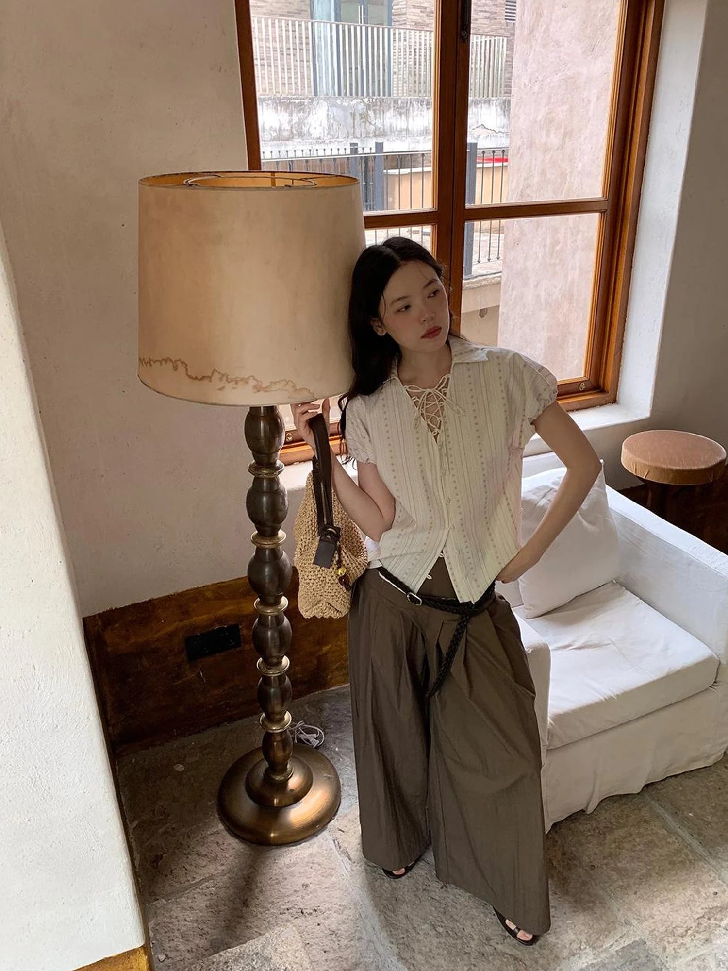 Crumpled Cotton Nylon Wide Leg Trousers With Bone Pleats