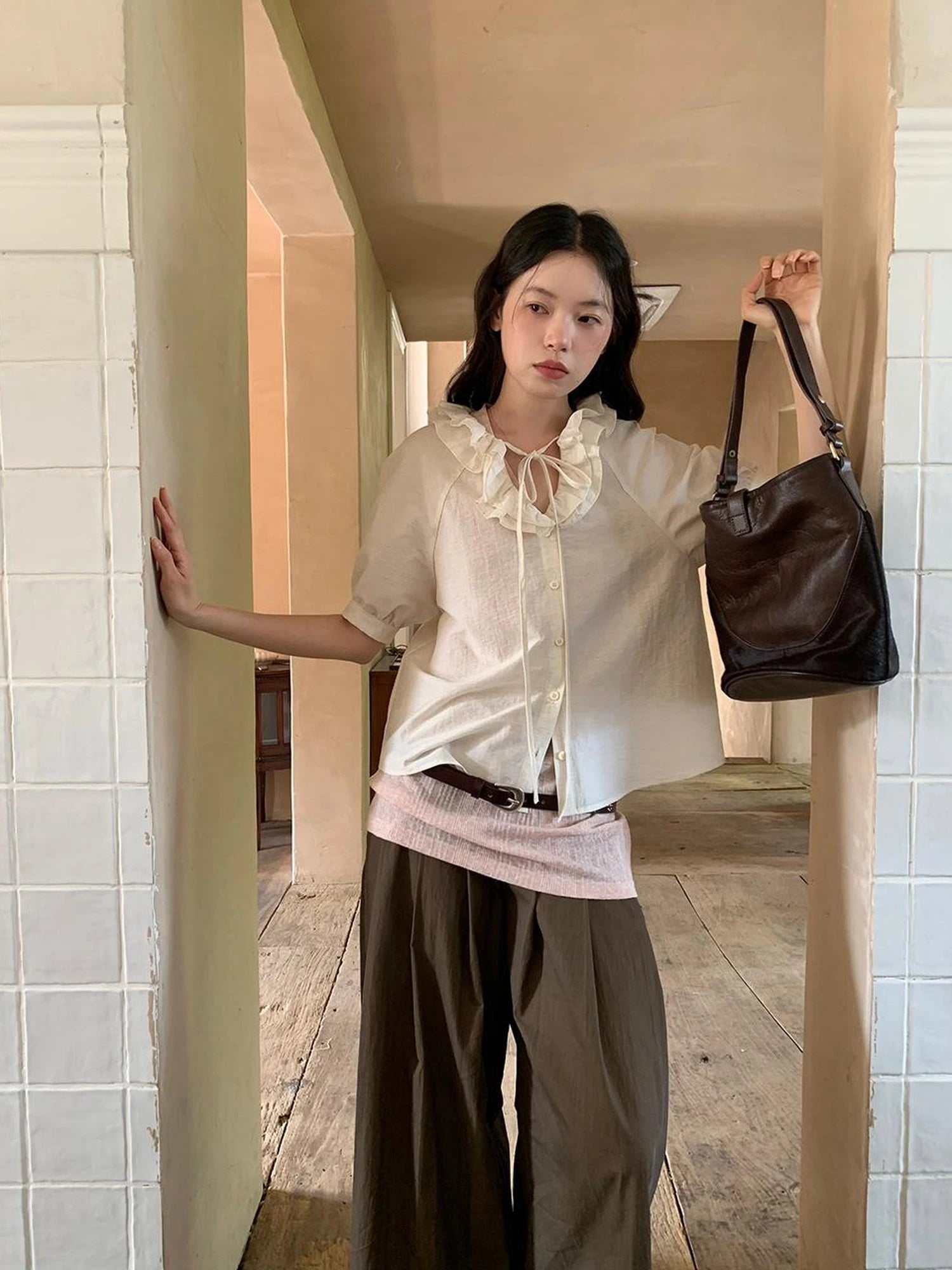 Crumpled Cotton Nylon Wide Leg Trousers With Bone Pleats