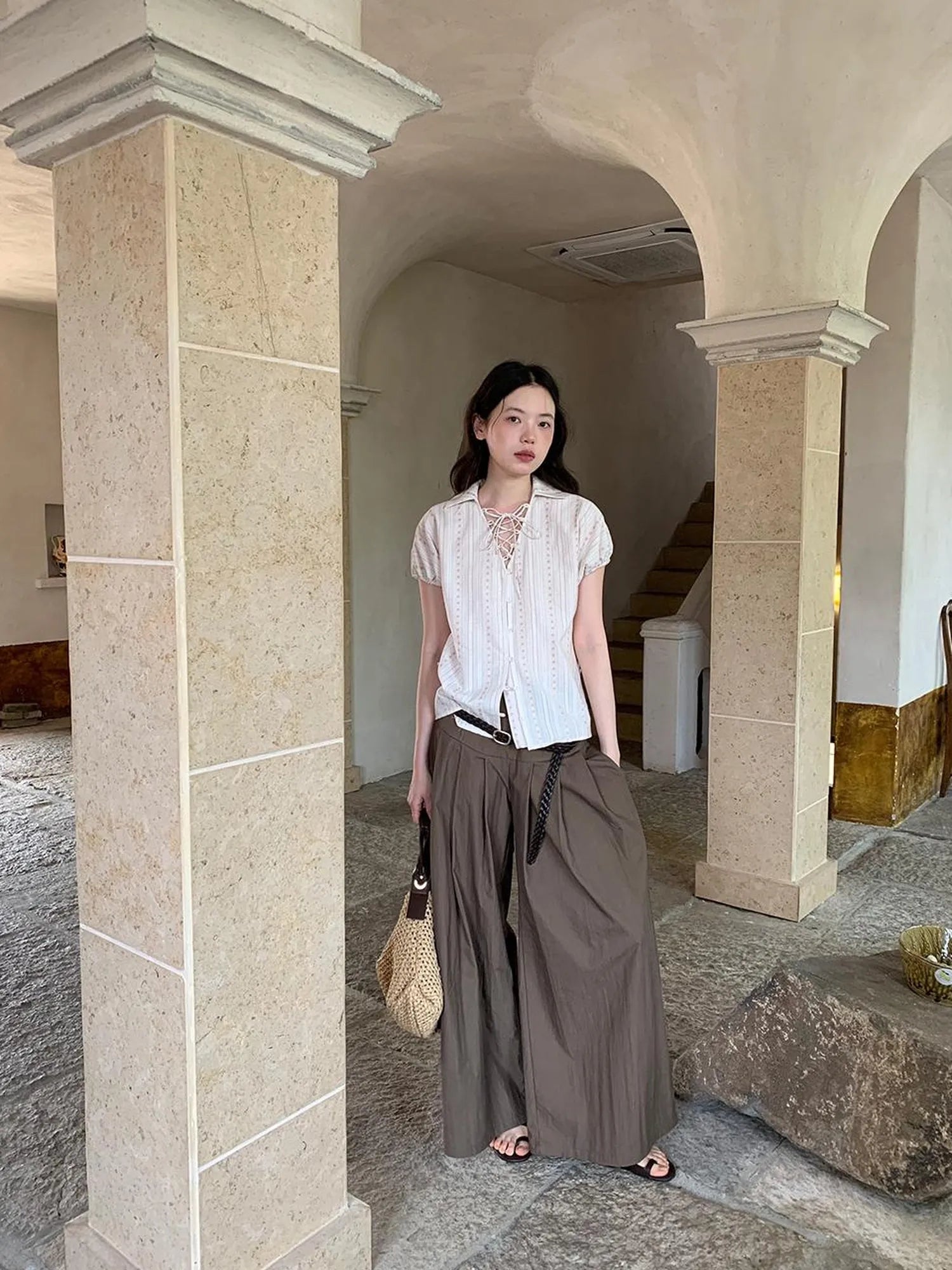 Crumpled Cotton Nylon Wide Leg Trousers With Bone Pleats