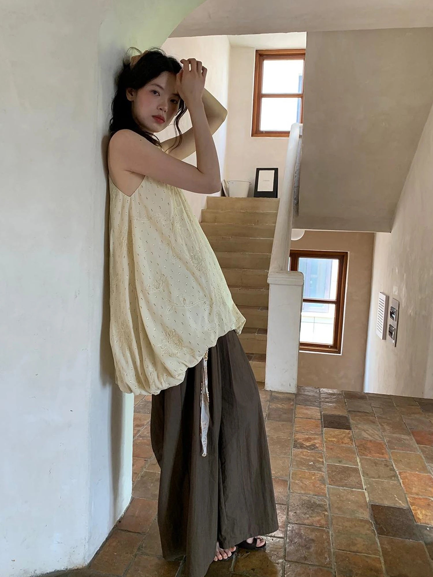 Crumpled Cotton Nylon Wide Leg Trousers With Bone Pleats