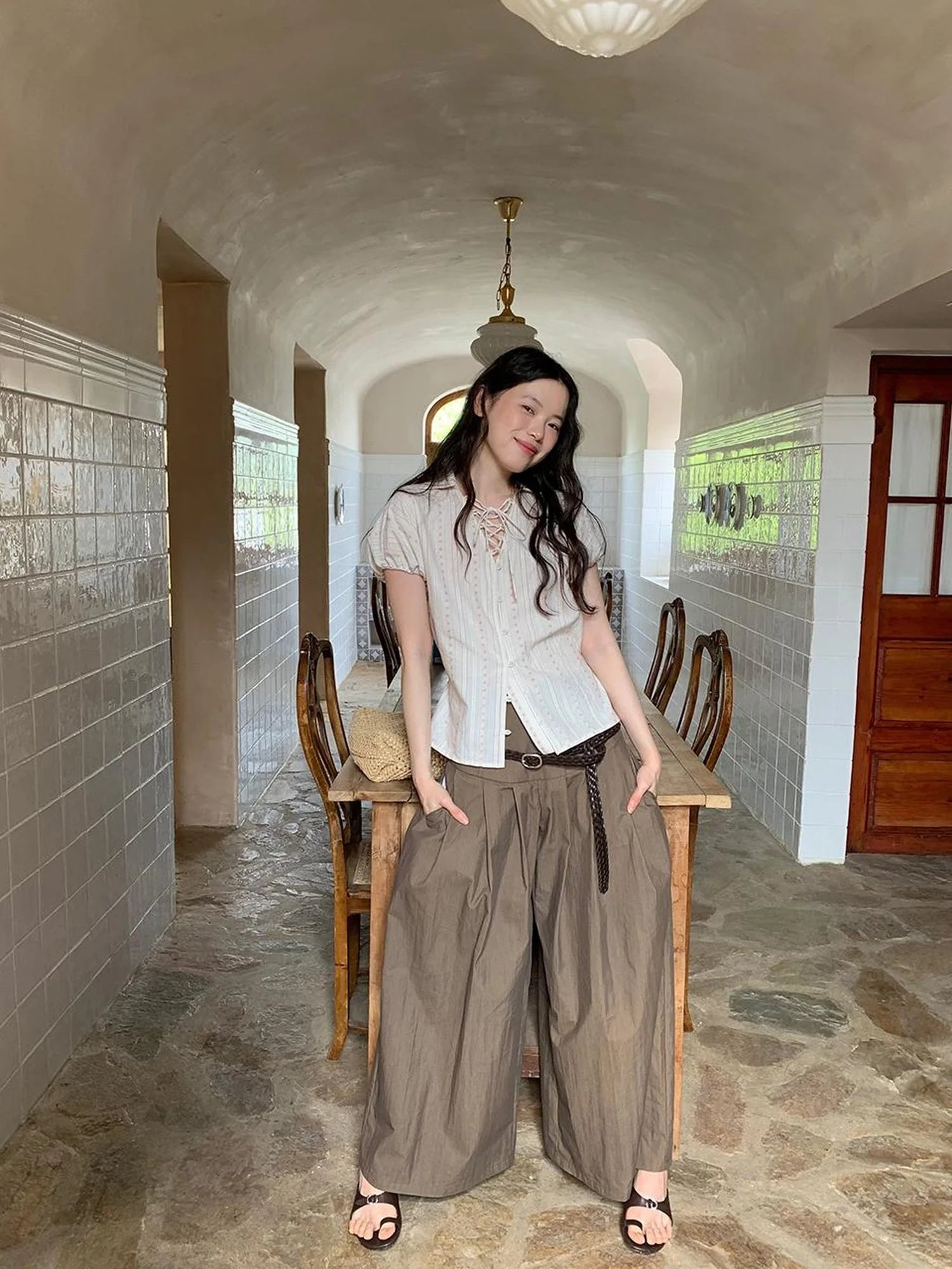 Crumpled Cotton Nylon Wide Leg Trousers With Bone Pleats