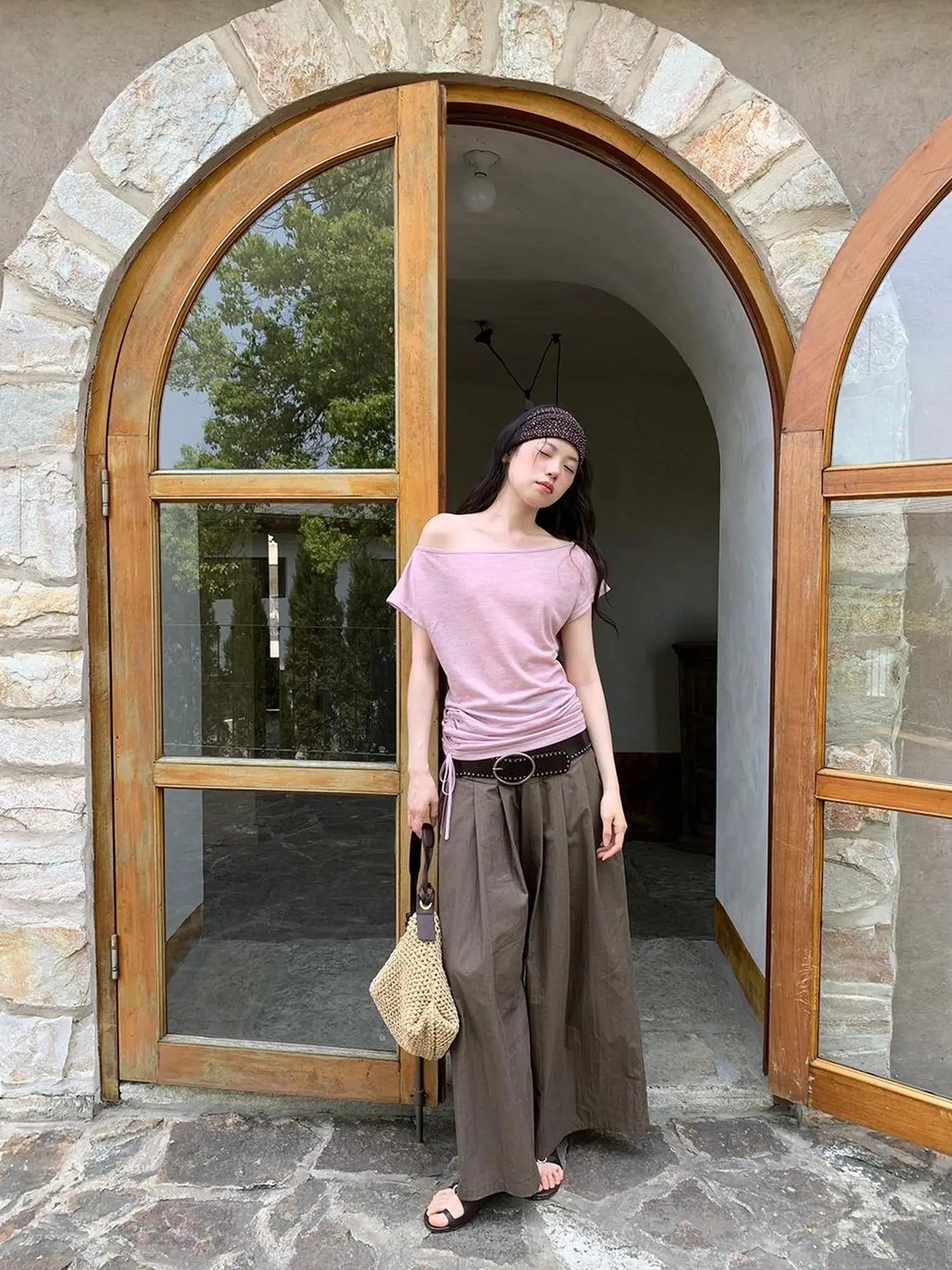 Crumpled Cotton Nylon Wide Leg Trousers With Bone Pleats