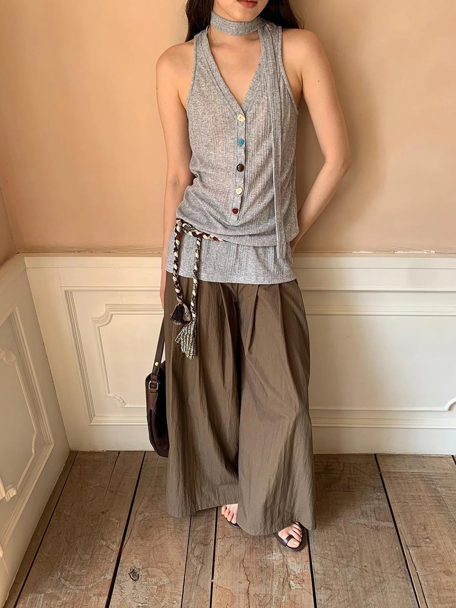 Crumpled Cotton Nylon Wide Leg Trousers With Bone Pleats