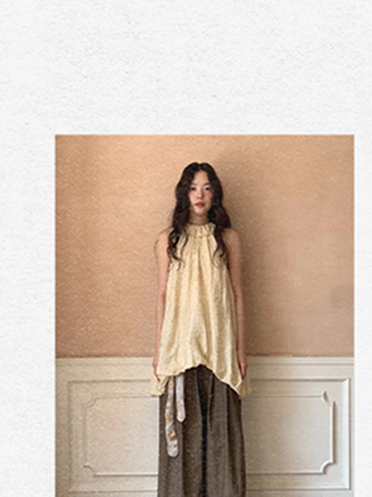 Crumpled Cotton Nylon Wide Leg Trousers With Bone Pleats