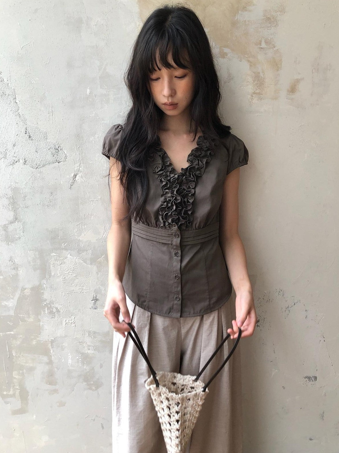 Dorydory Deep Brown 3d Lace Puff Sleeve Vintage Women&