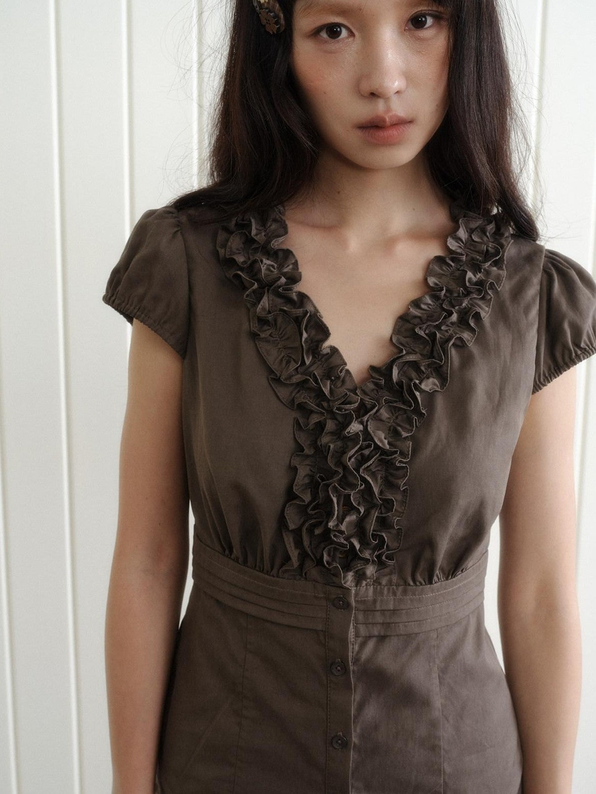 Dorydory Deep Brown 3d Lace Puff Sleeve Vintage Women&