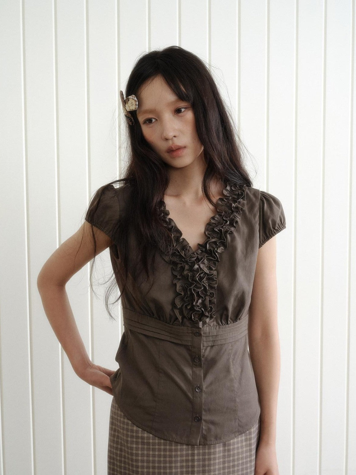 Dorydory Deep Brown 3d Lace Puff Sleeve Vintage Women&