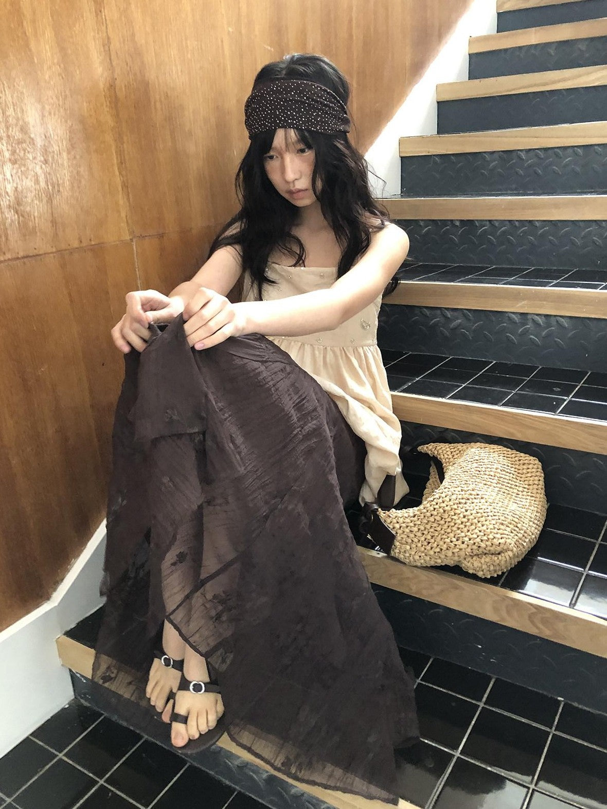 Dorydory Deep Brown Jacquard Pleated Irregular A Line Women&