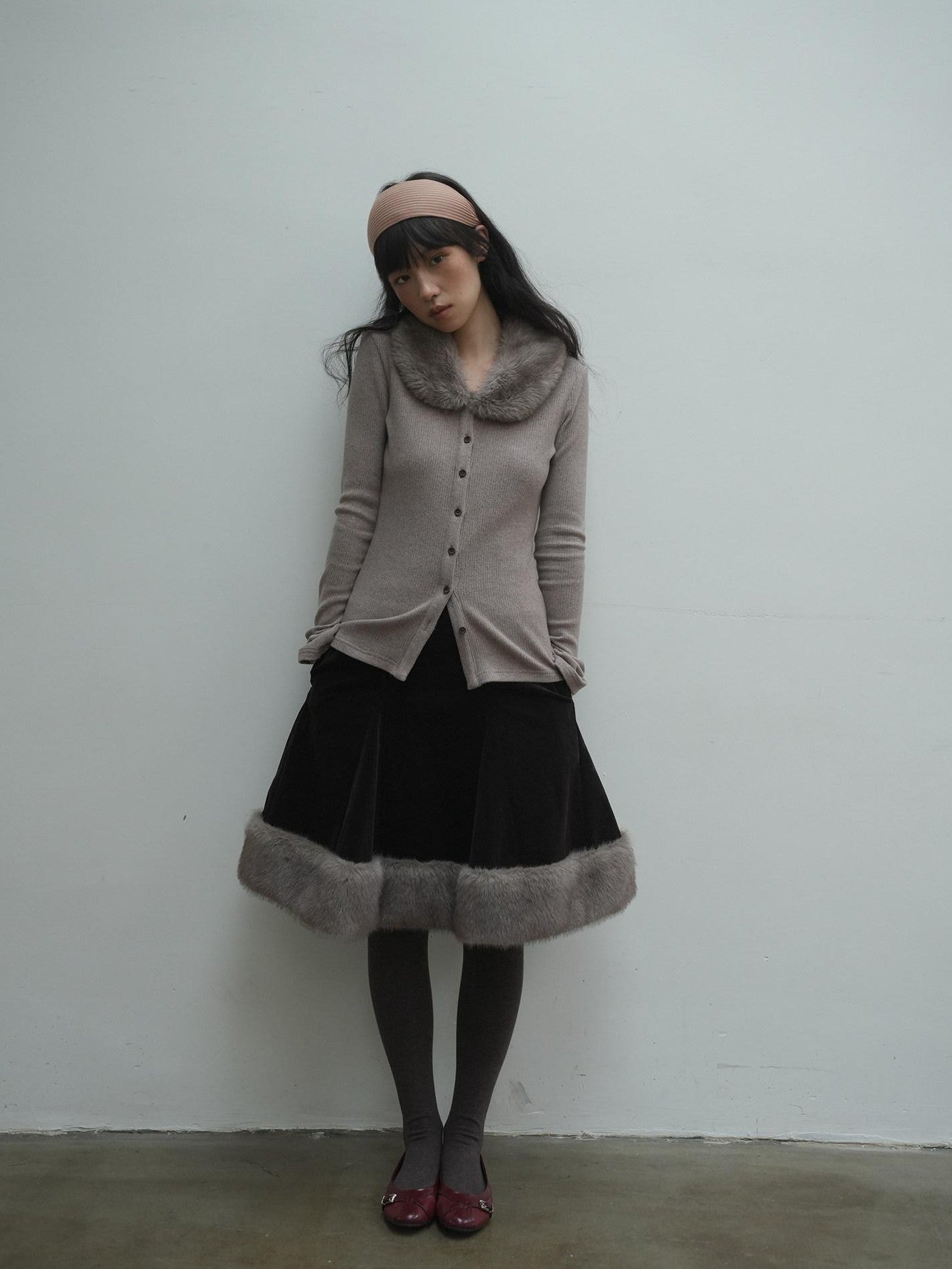 Dorydory Deep Brown Patchwork Corduroy Faux Fur Trim Women&