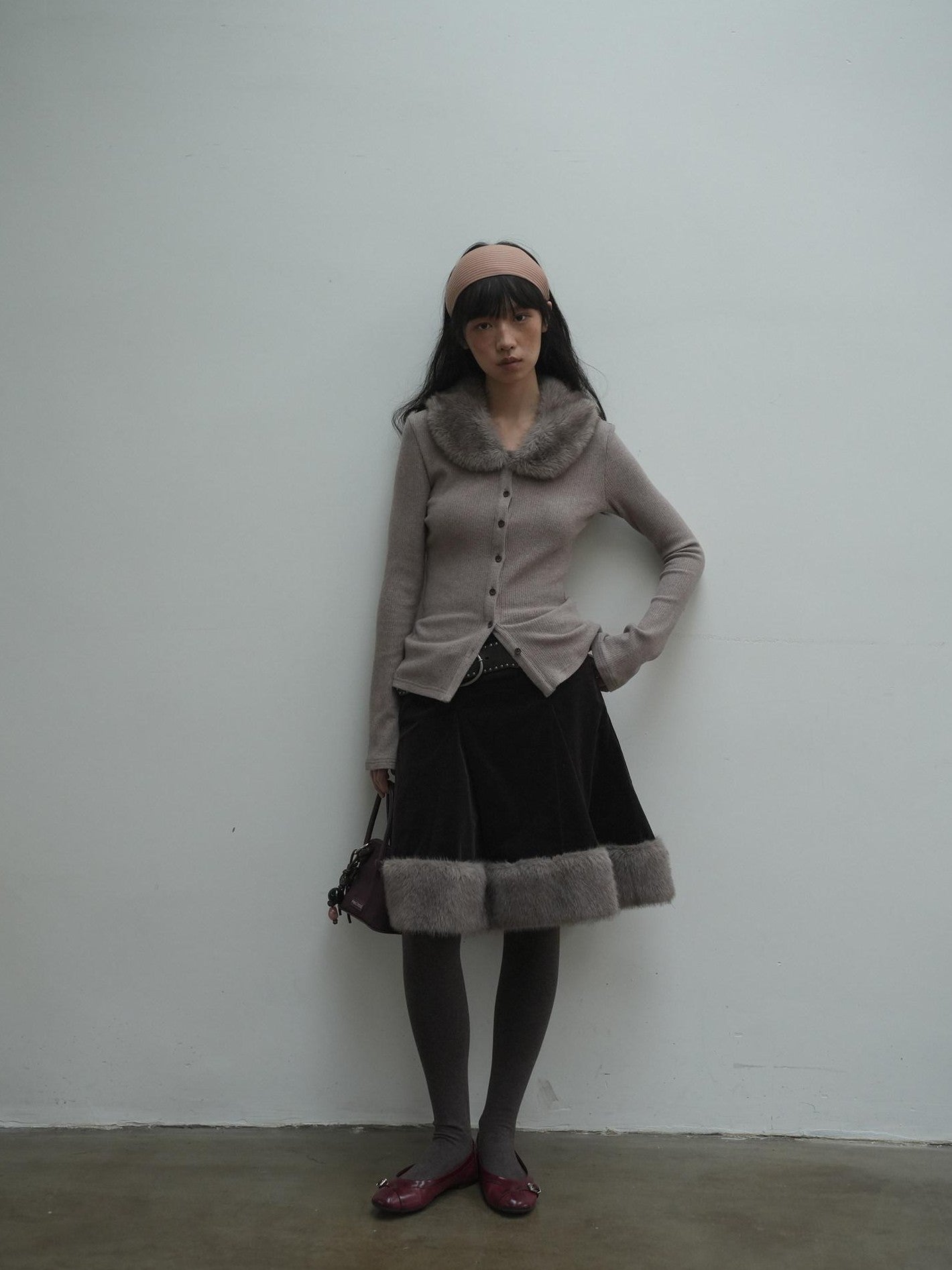 Dorydory Deep Brown Patchwork Corduroy Faux Fur Trim Women&