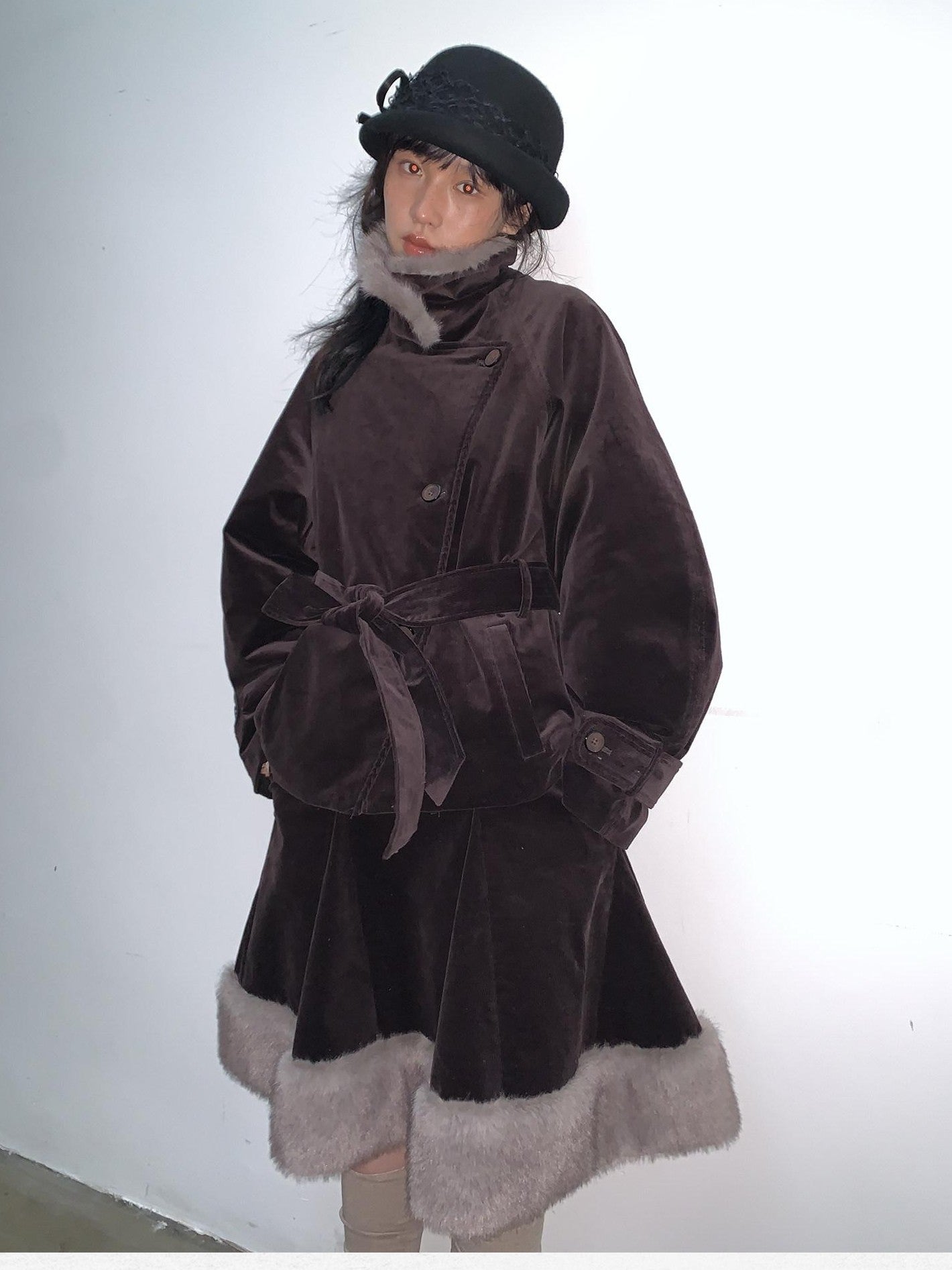 Dorydory Deep Brown Patchwork Corduroy Faux Fur Trim Women&
