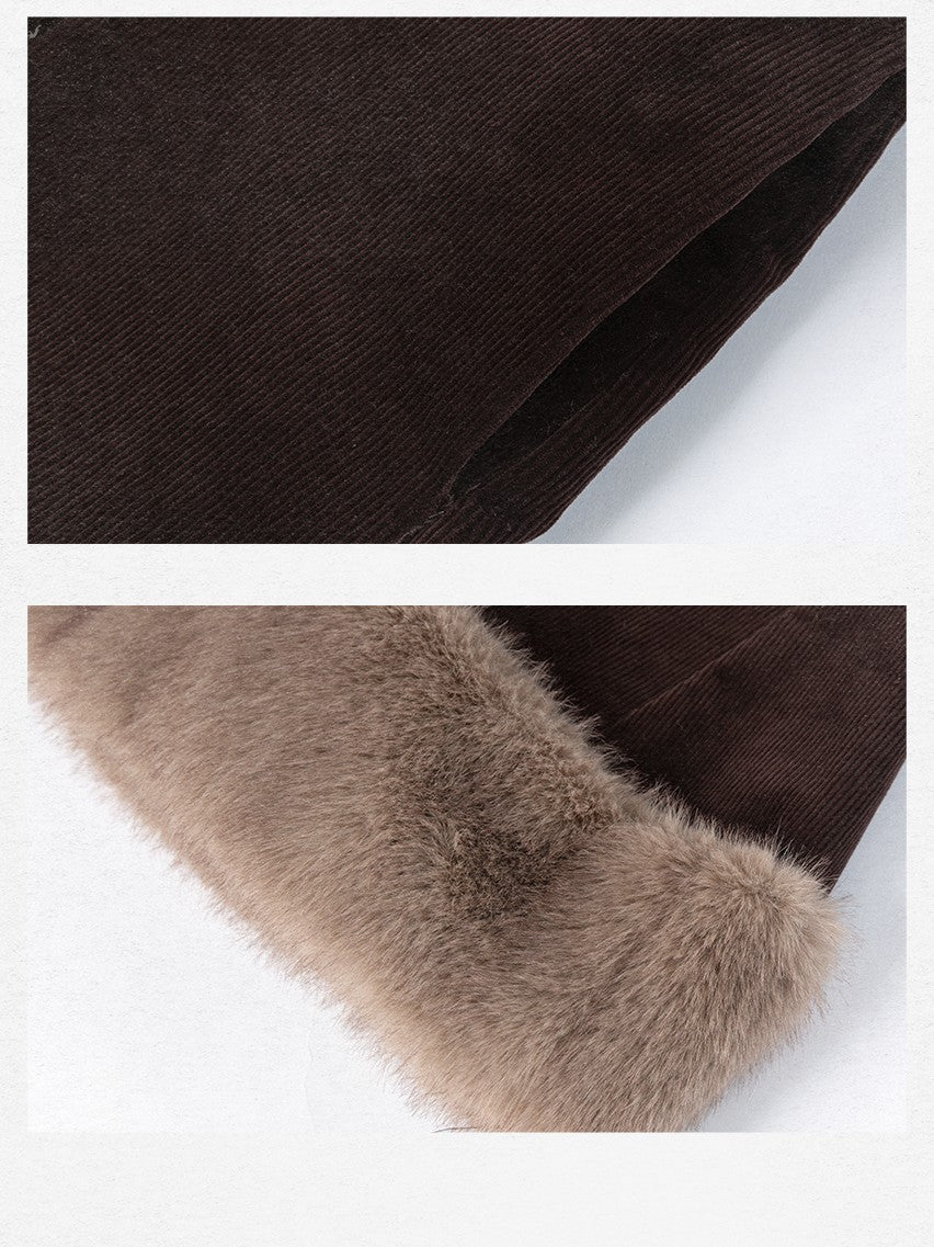 Dorydory Deep Brown Patchwork Corduroy Faux Fur Trim Women&