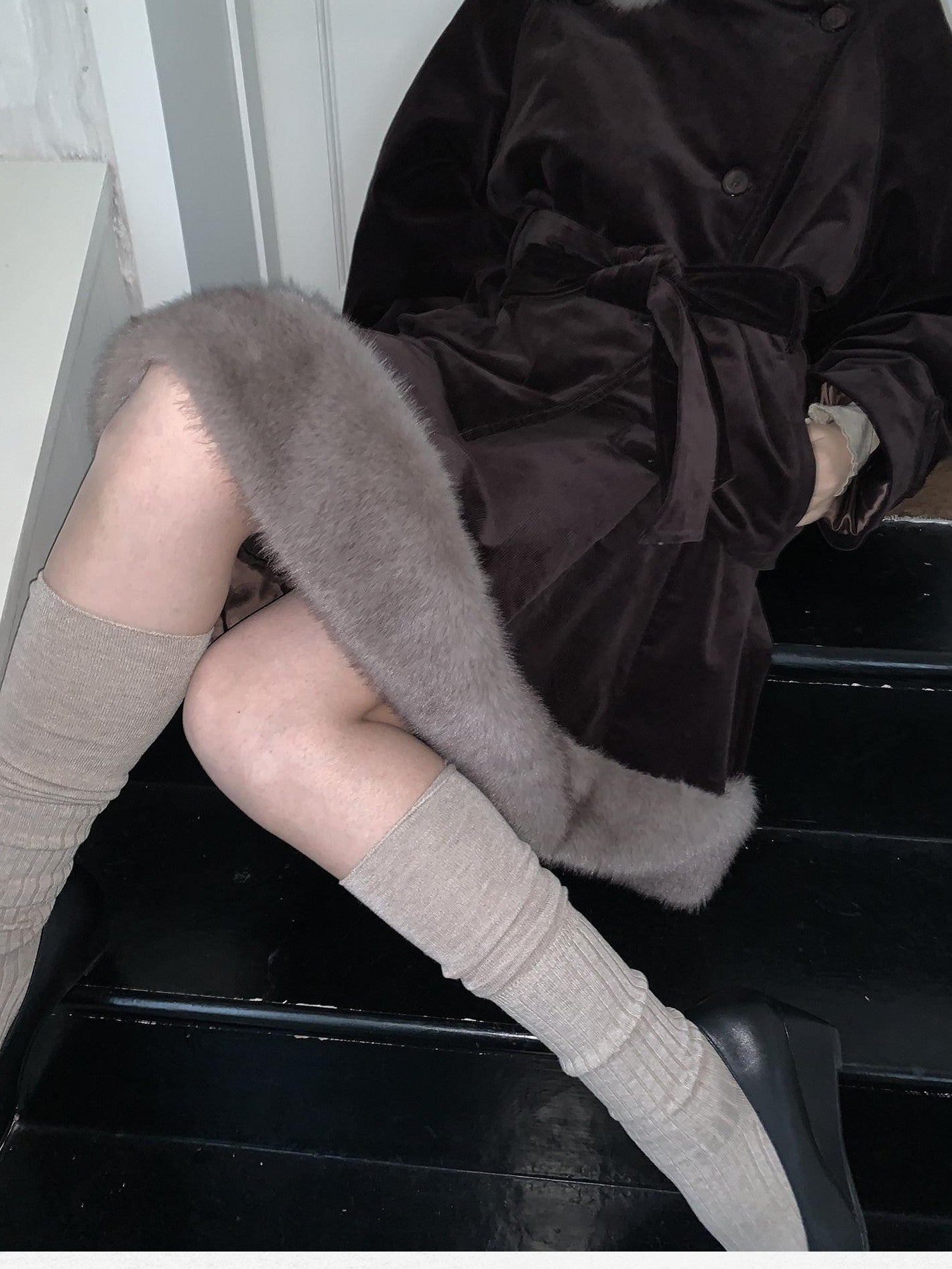 Dorydory Deep Brown Patchwork Corduroy Faux Fur Trim Women&