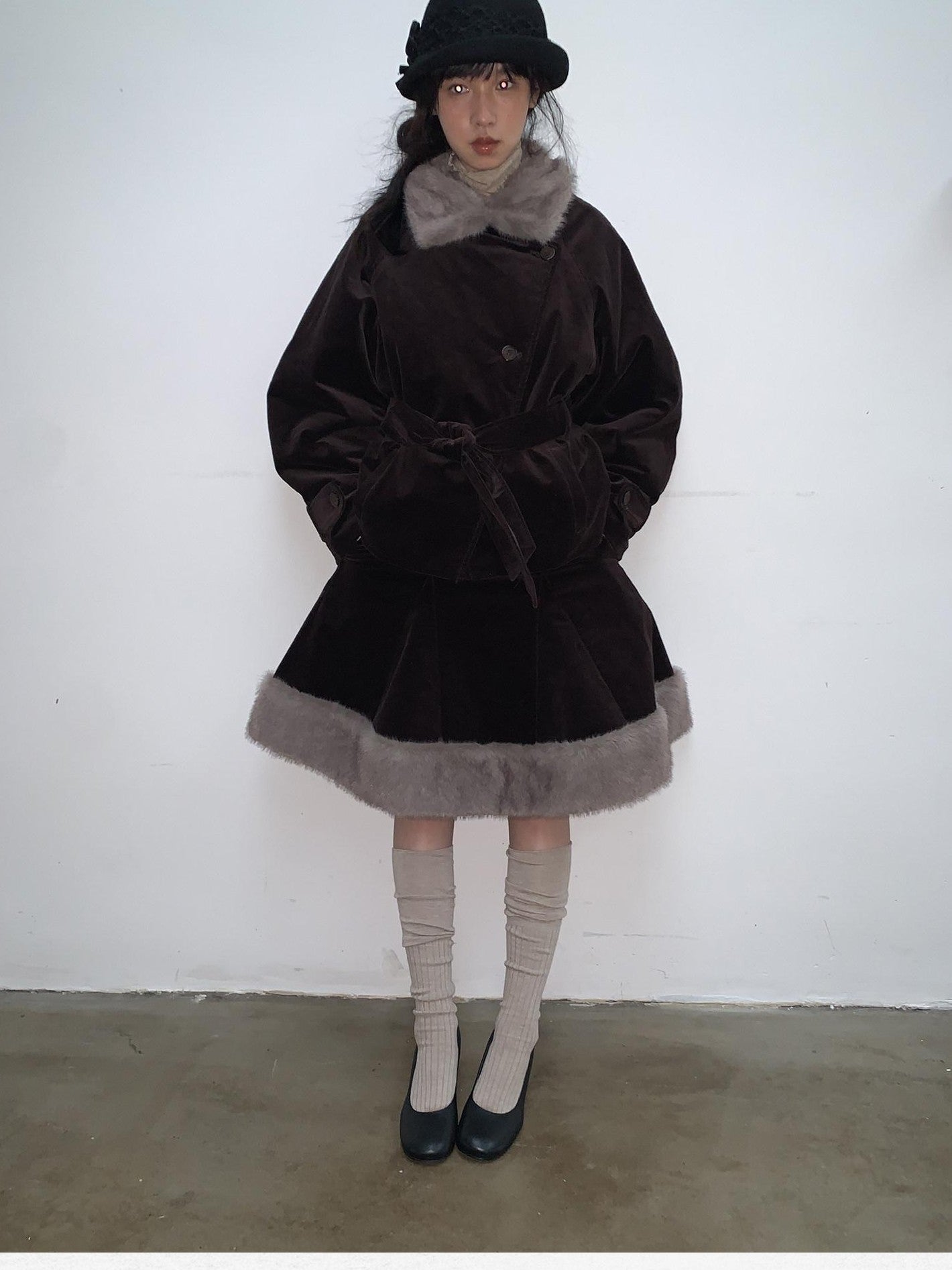 Dorydory Deep Brown Patchwork Corduroy Faux Fur Trim Women&