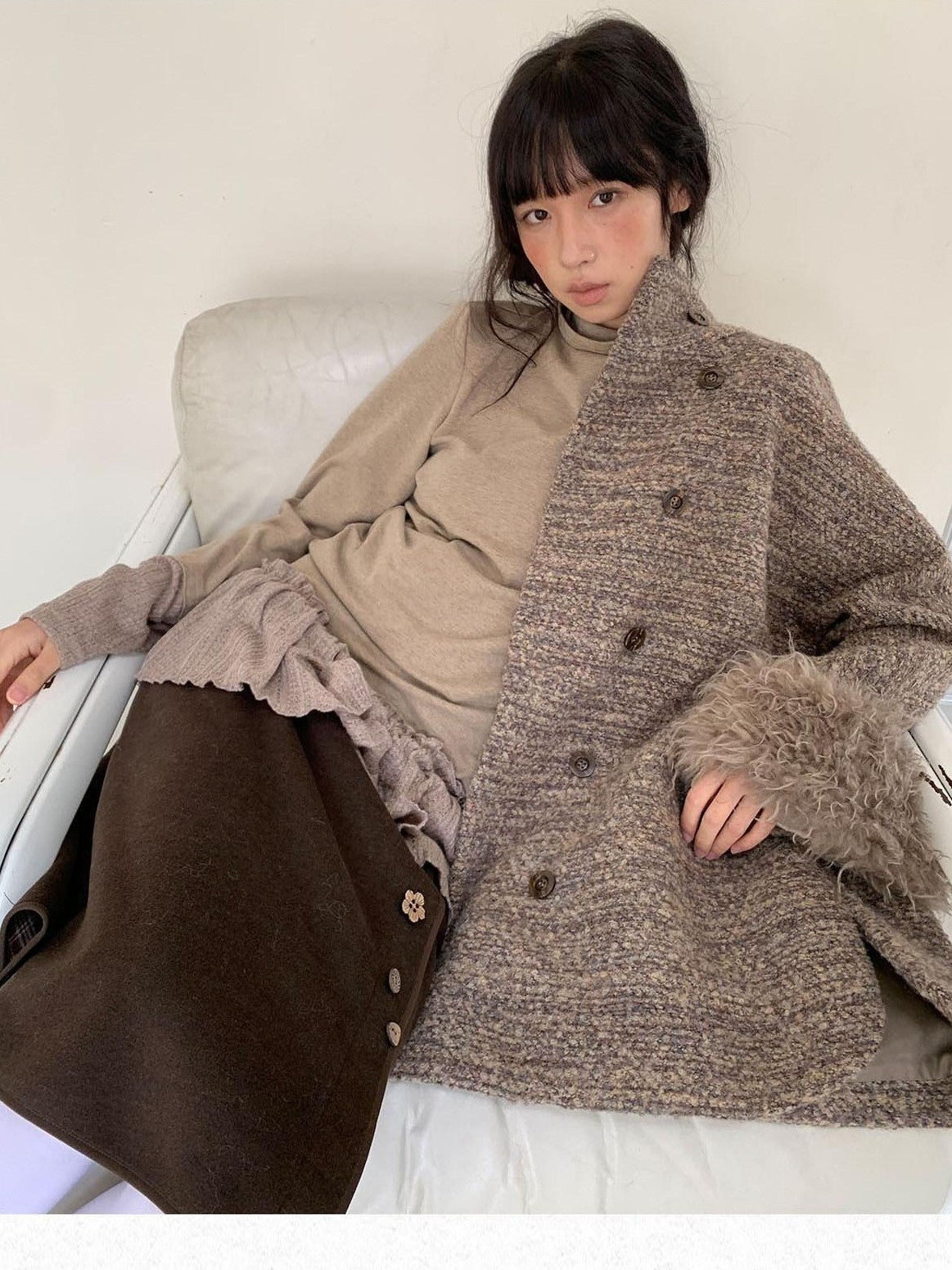 Dorydory Deep Brown Vintage Floral Button Fishtail Pleated Women&