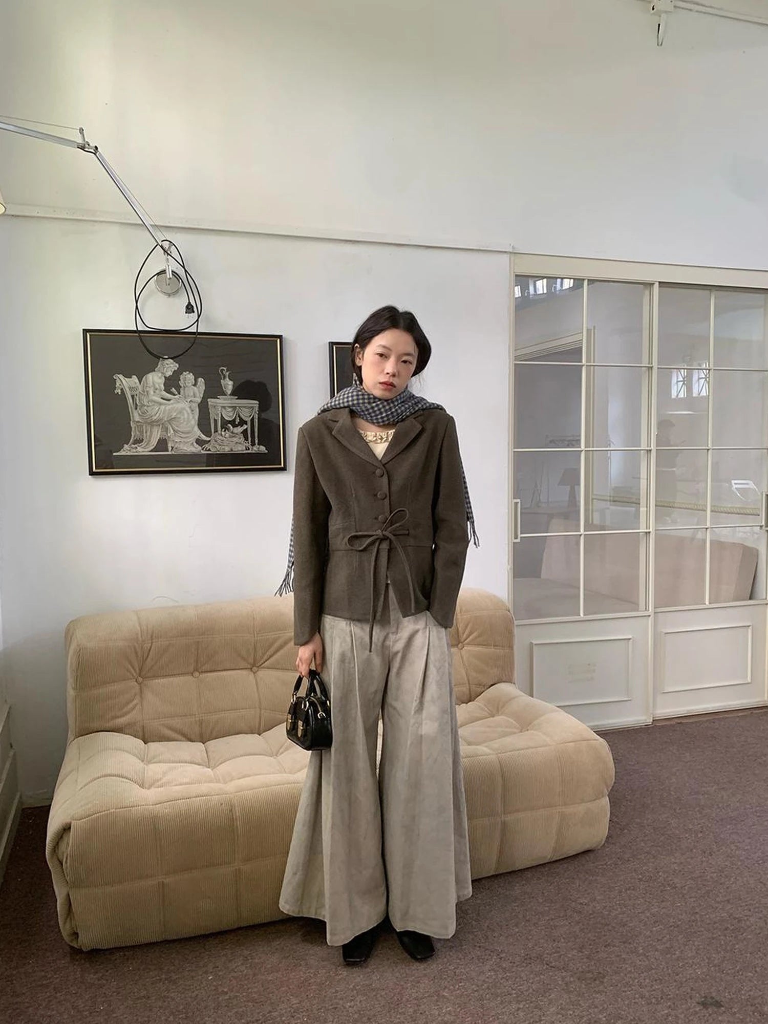 Dory Dory Gray Washed Cotton Wide Leg Pleated Trousers