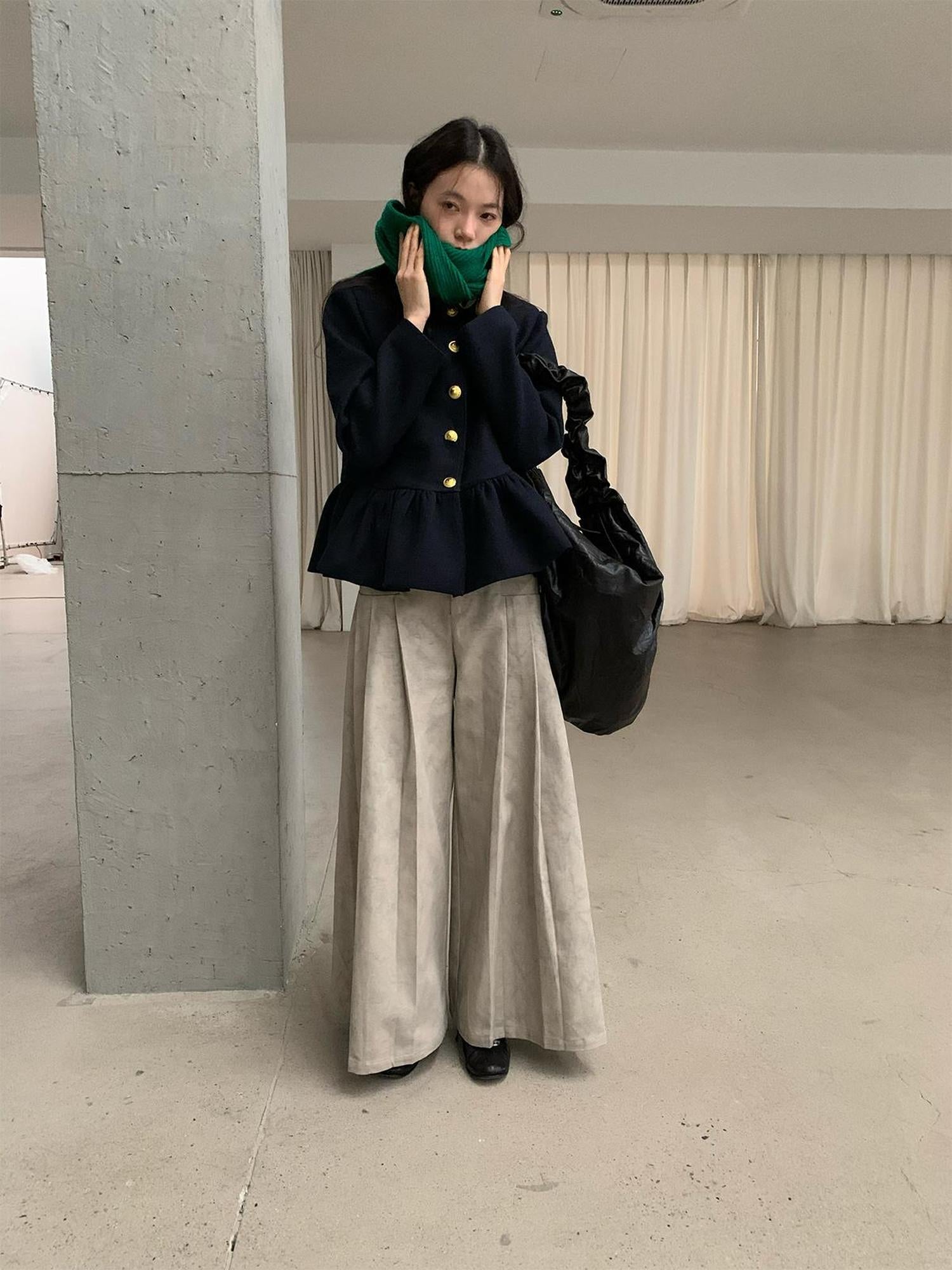 Dorydory Dory Dory Gray Washed Cotton Wide Leg Pleated Trousers