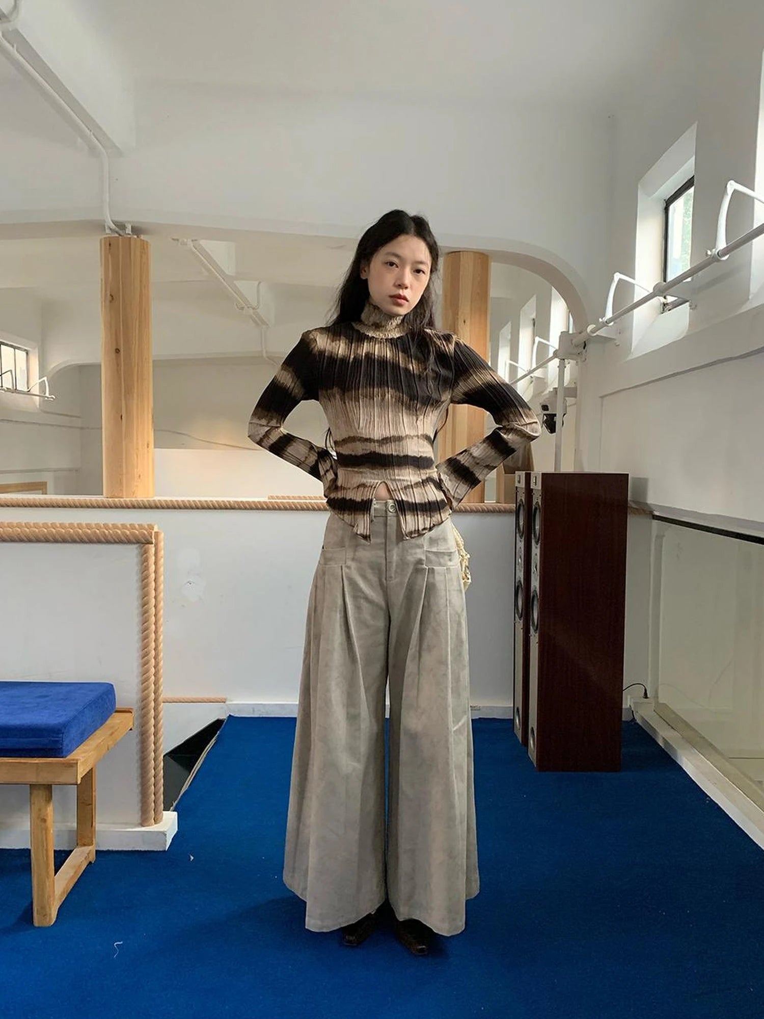 Dory Dory Gray Washed Cotton Wide Leg Pleated Trousers