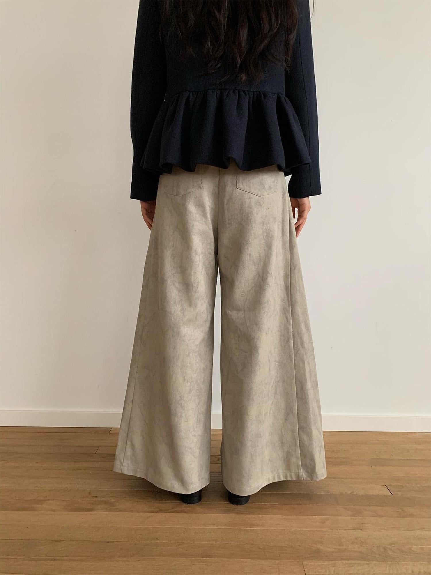Dorydory Dory Dory Gray Washed Cotton Wide Leg Pleated Trousers