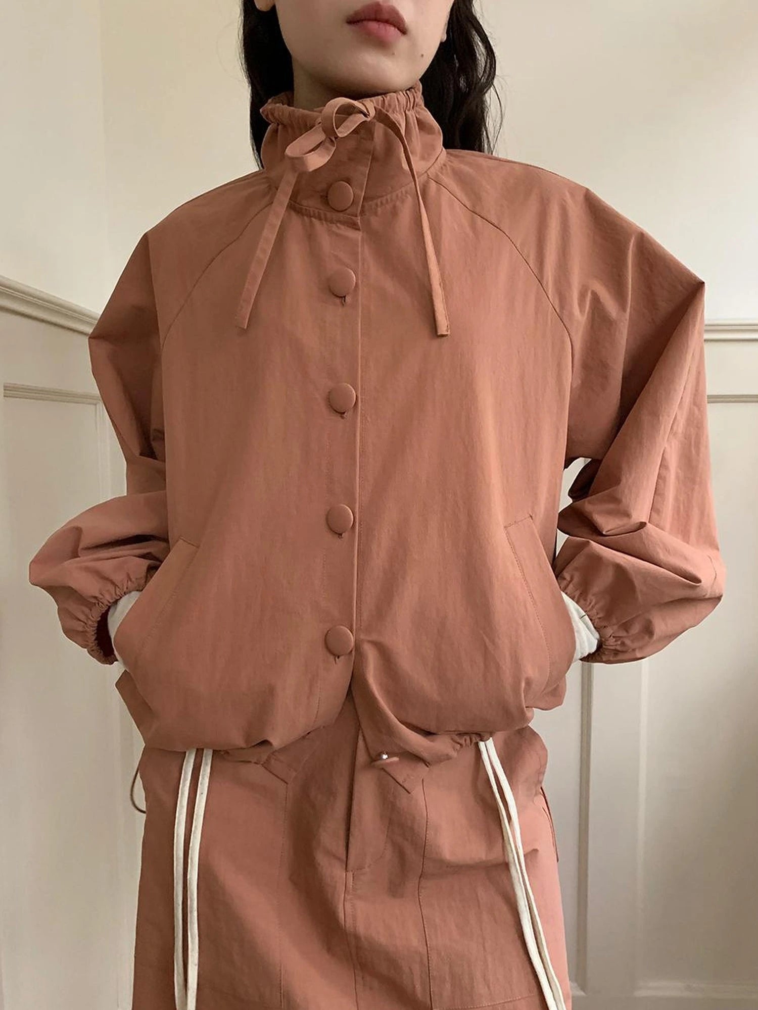 Dory Dory Pink Orange High Neck Ribbon Jacket