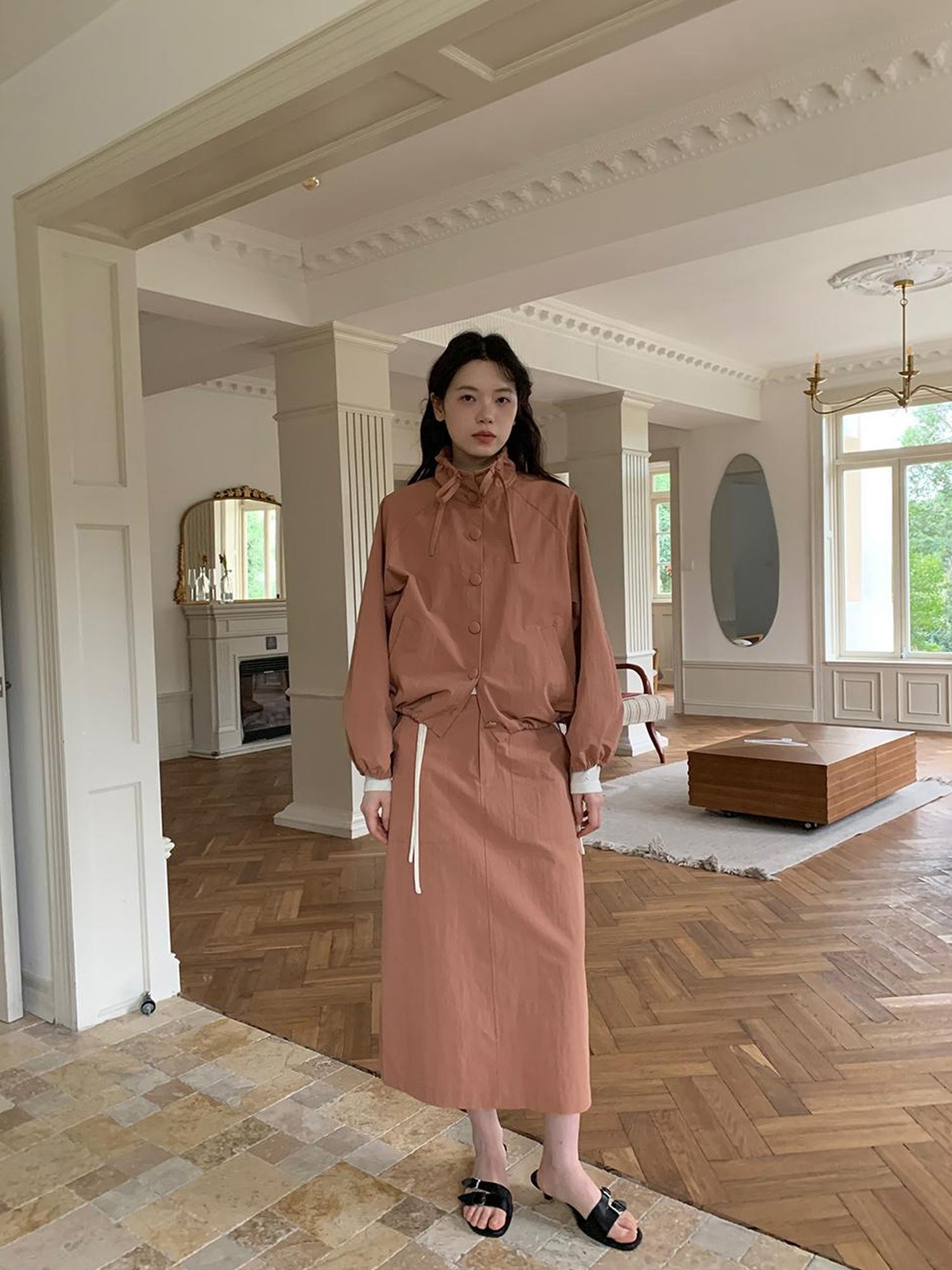 Dorydory Dory Dory Pink Orange High Neck Ribbon Jacket