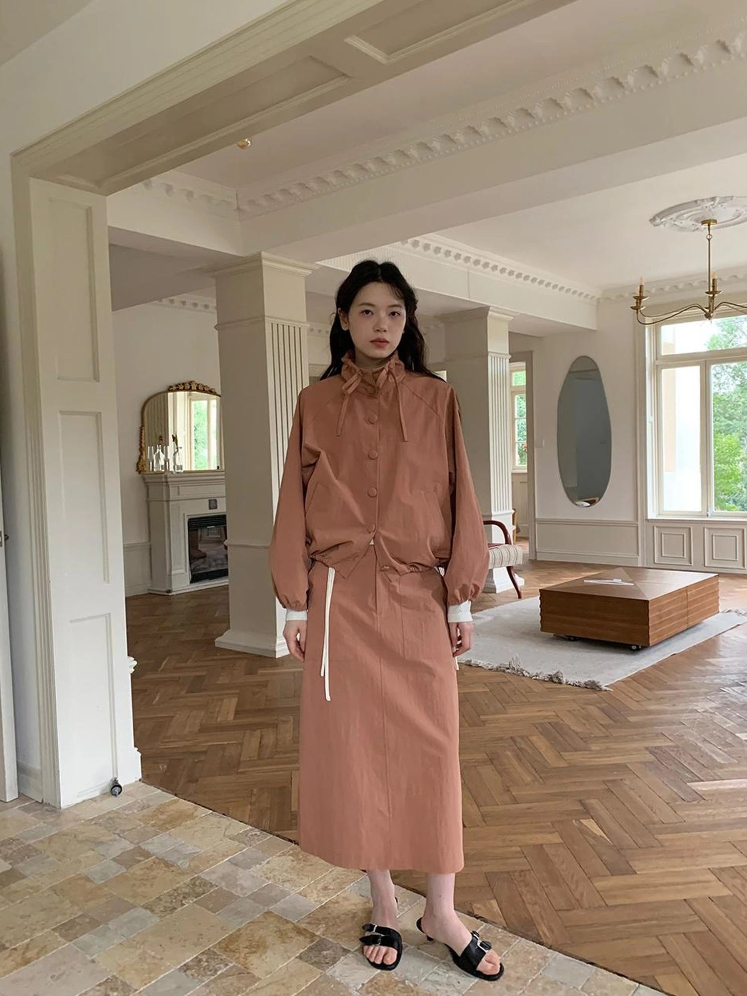 Dory Dory Pink Orange High Neck Ribbon Jacket