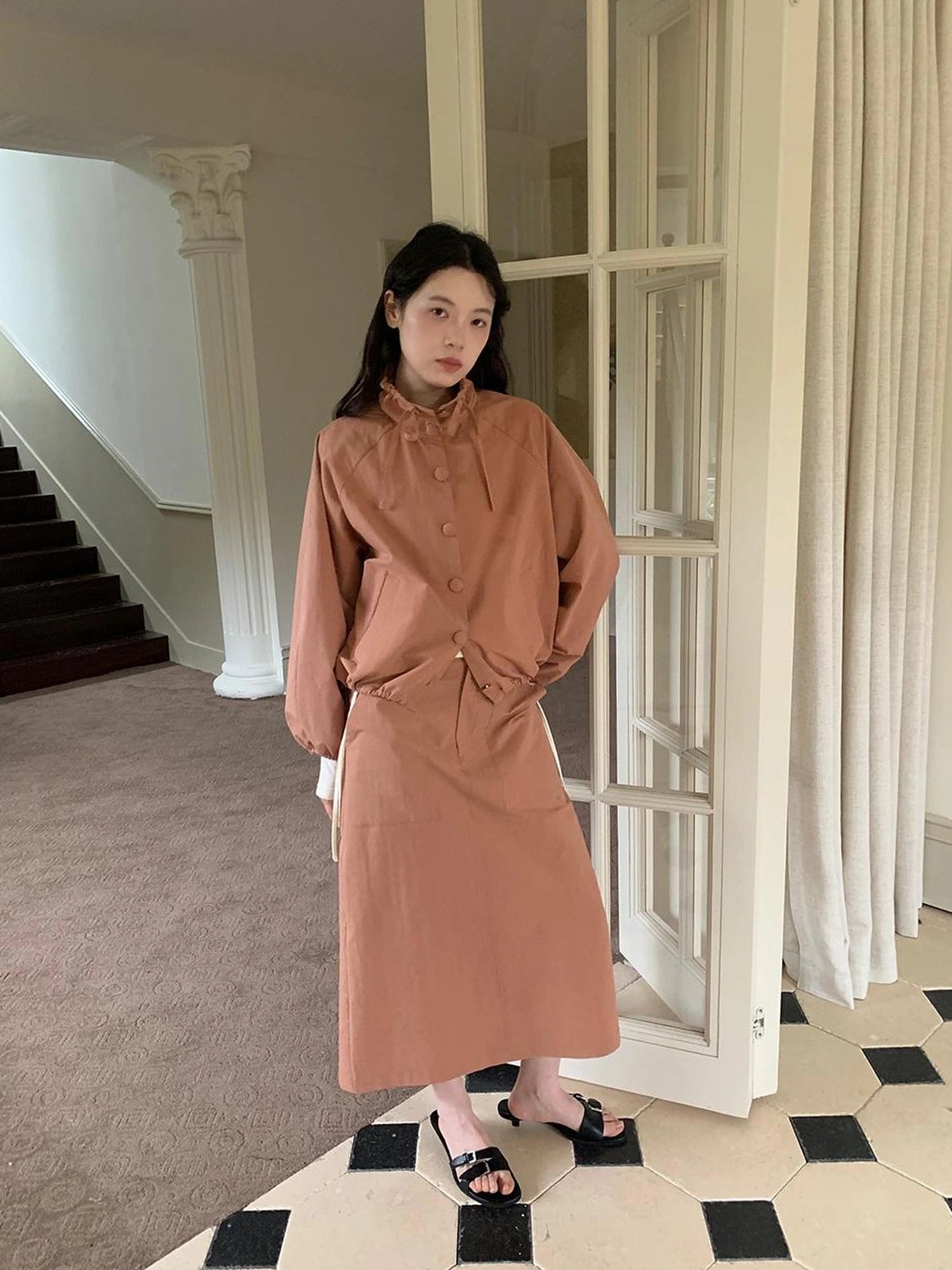 Dory Dory Pink Orange High Neck Ribbon Jacket