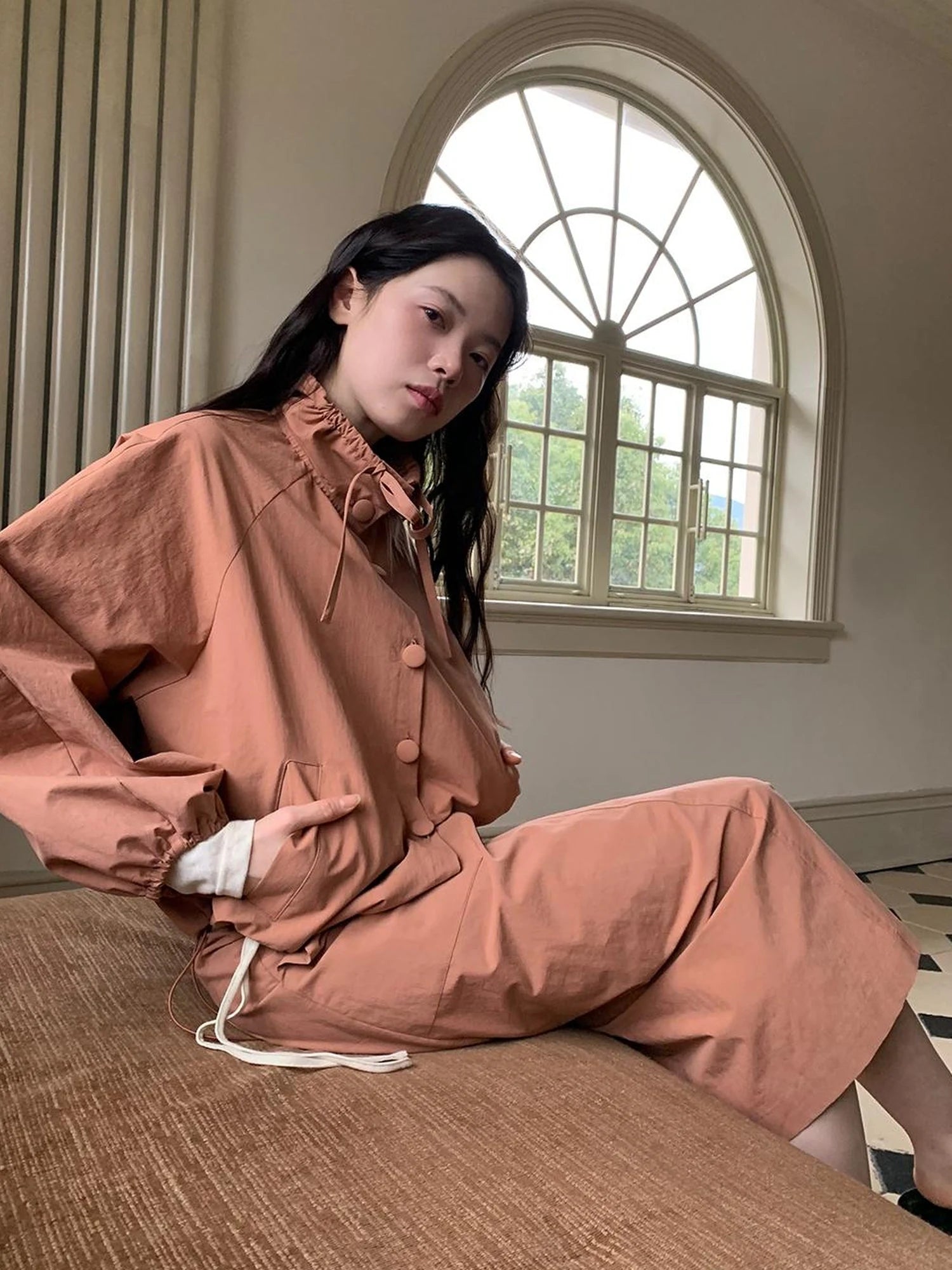 Dory Dory Pink Orange High Neck Ribbon Jacket