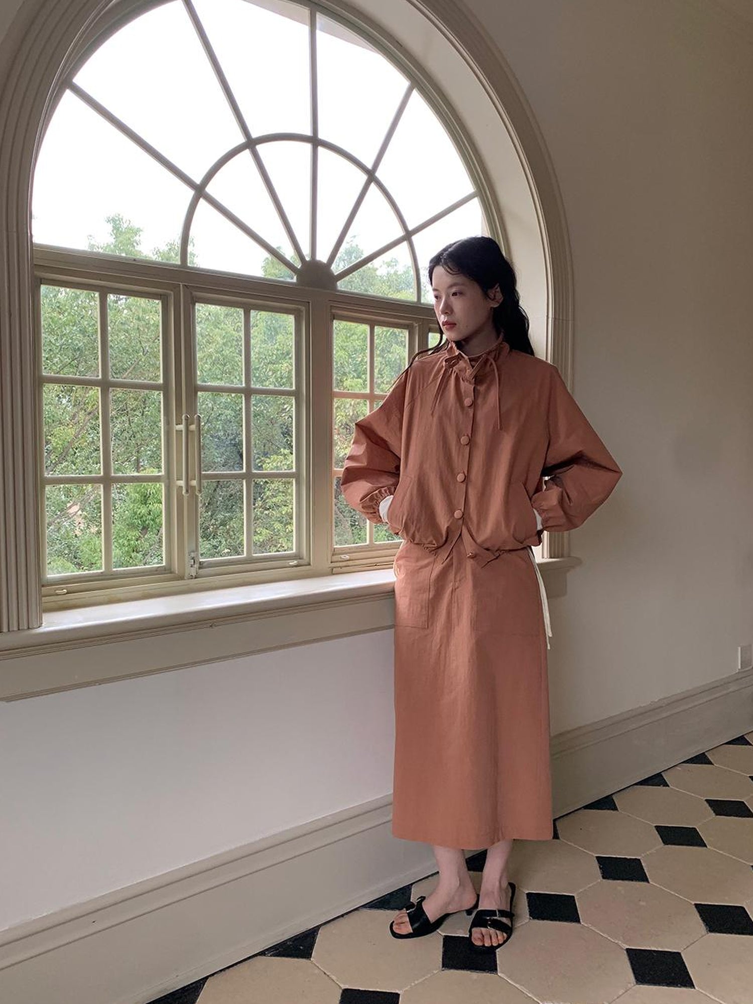 Dorydory Dory Dory Pink Orange High Neck Ribbon Jacket