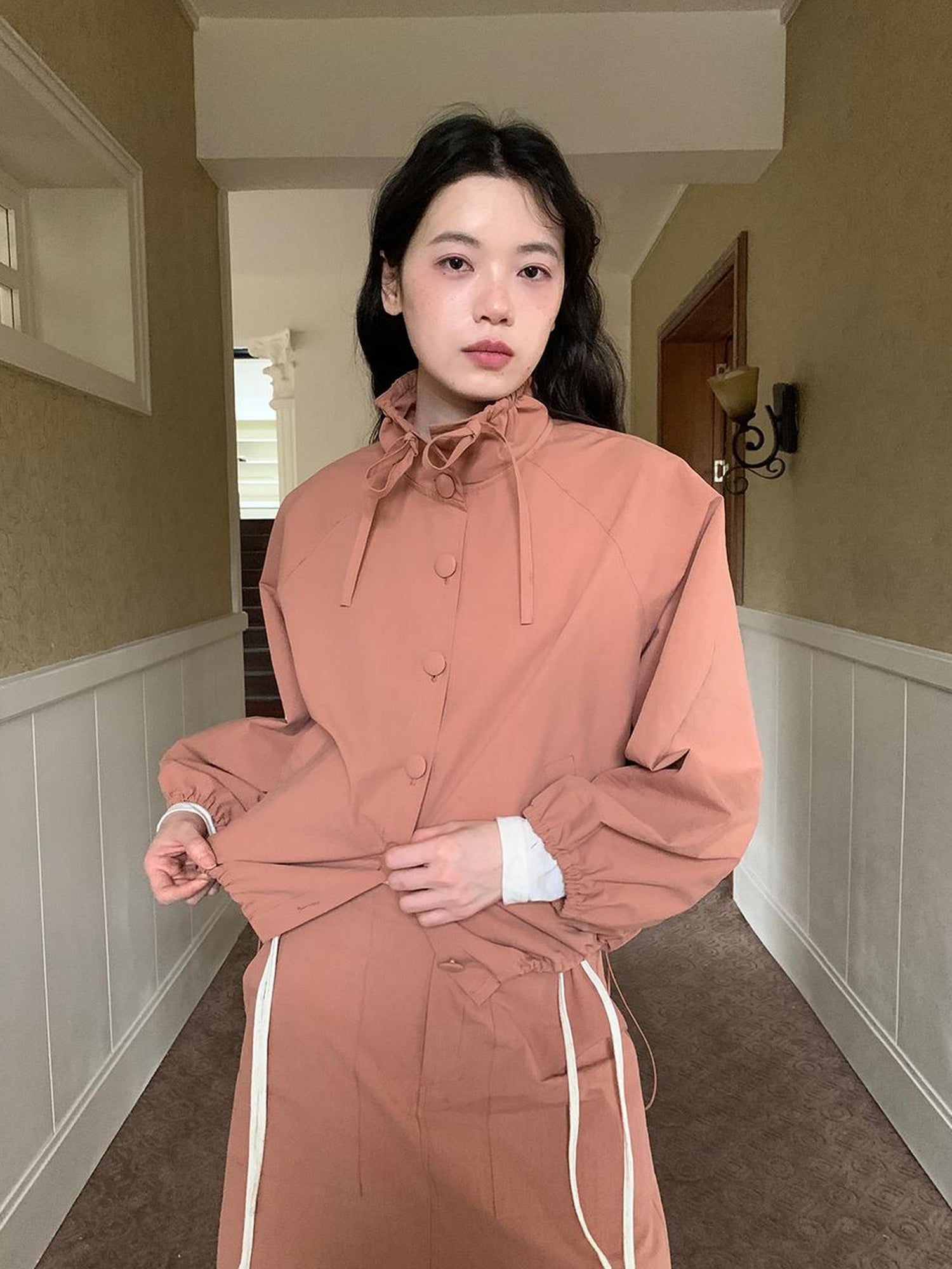Dorydory Dory Dory Pink Orange High Neck Ribbon Jacket