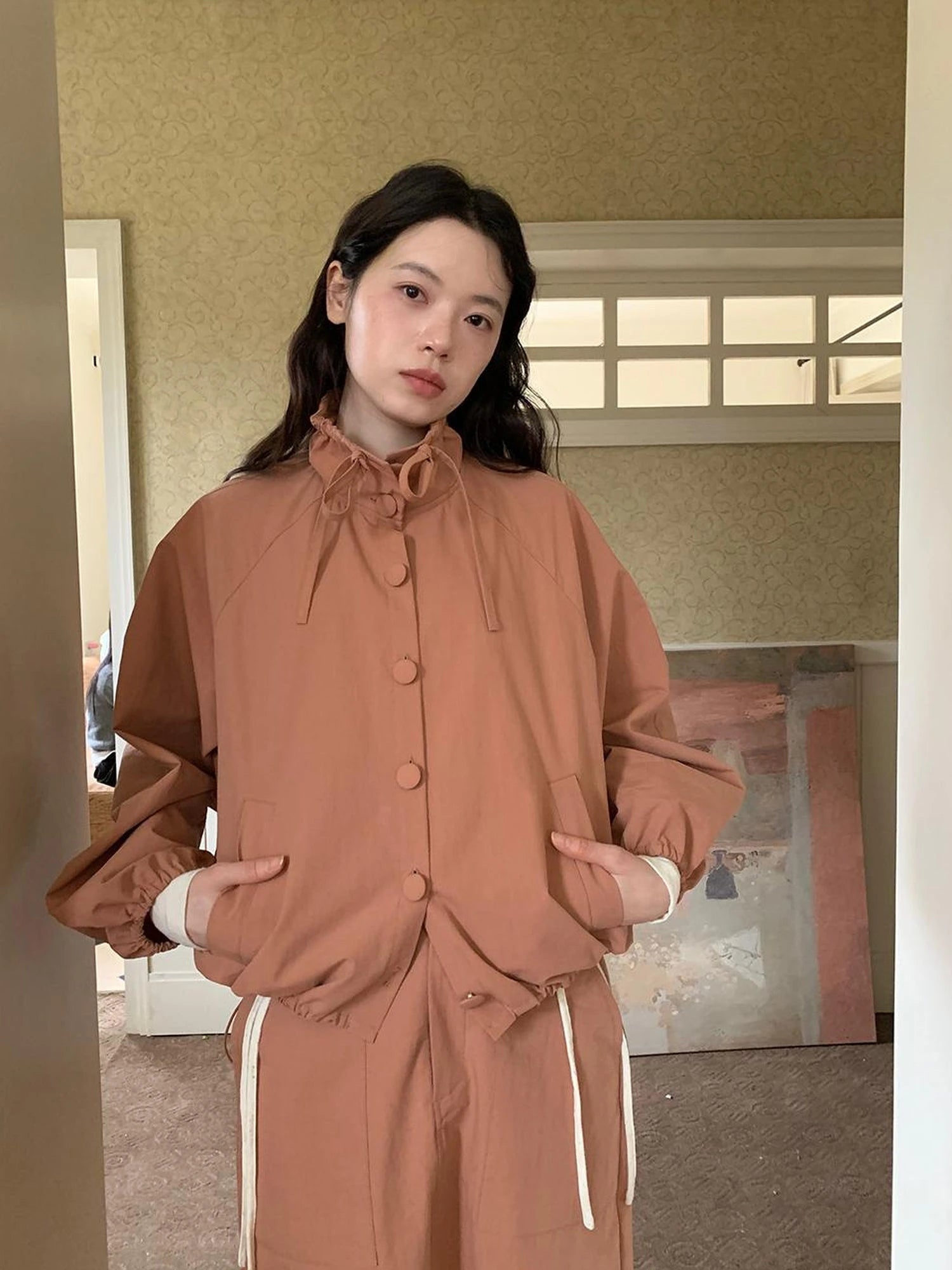 Dory Dory Pink Orange High Neck Ribbon Jacket