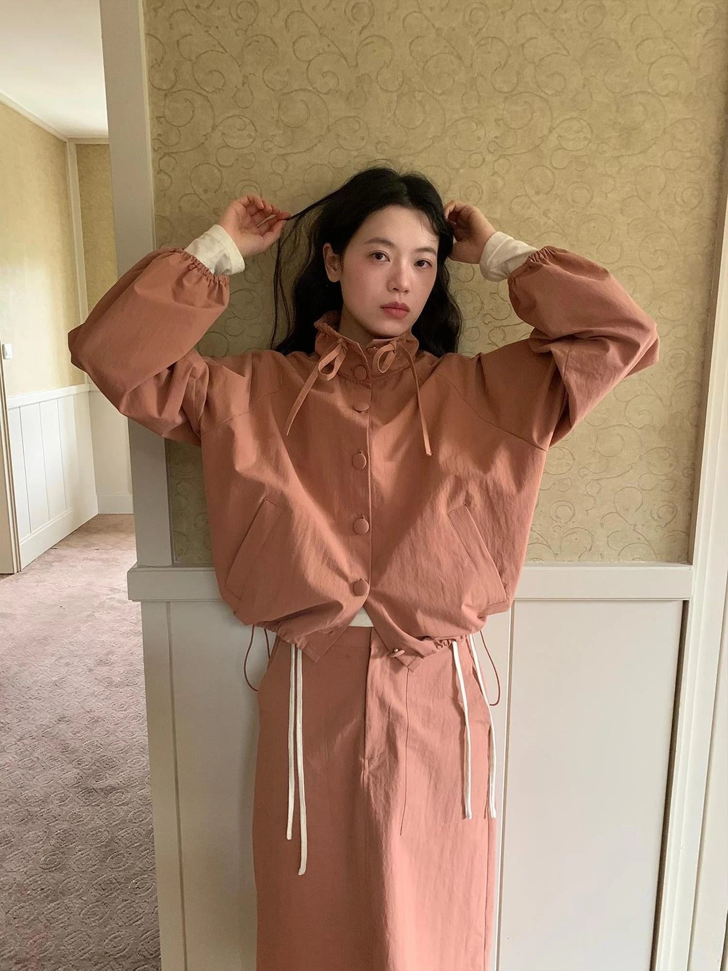 Dory Dory Pink Orange High Neck Ribbon Jacket