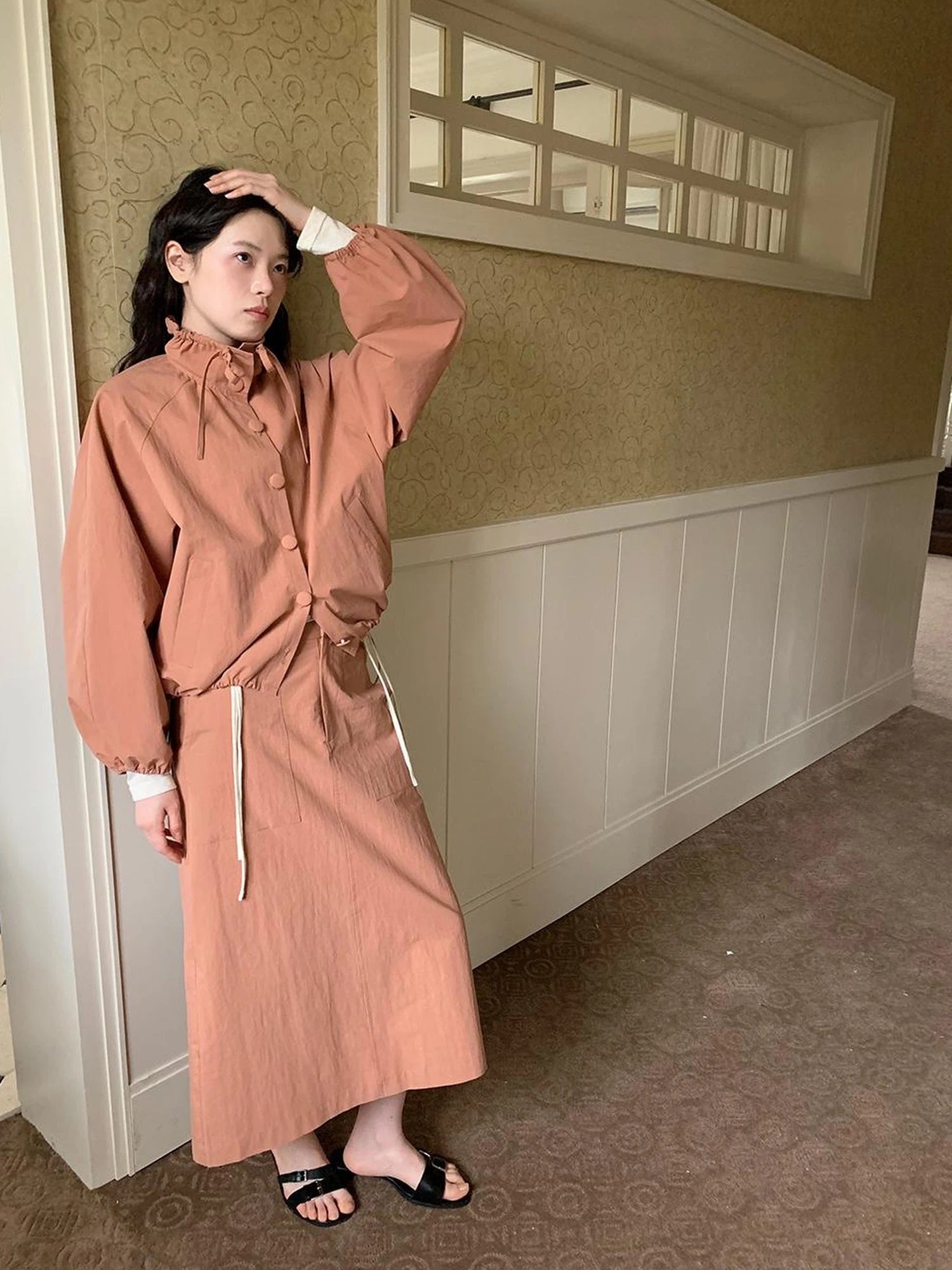 Dory Dory Pink Orange High Neck Ribbon Jacket