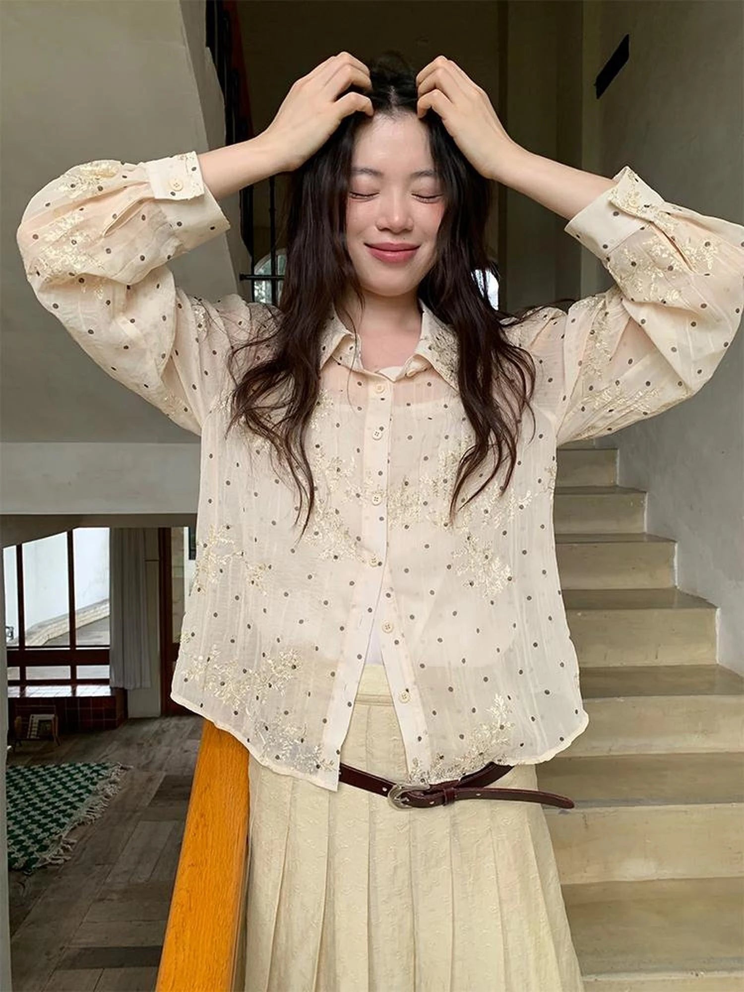 Dory Dot Jacquard Shirt With Gold Embroidery