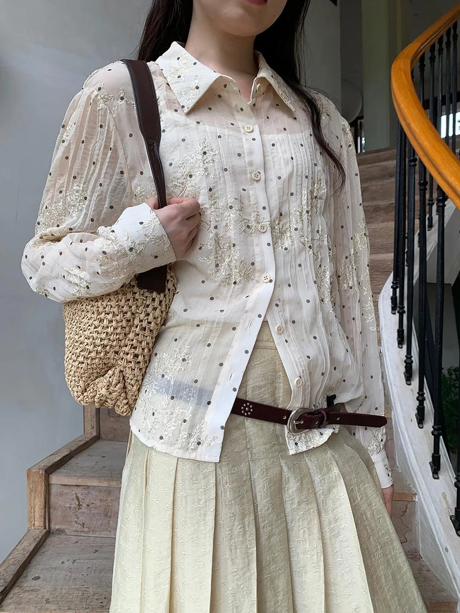 Dory Dot Jacquard Shirt With Gold Embroidery