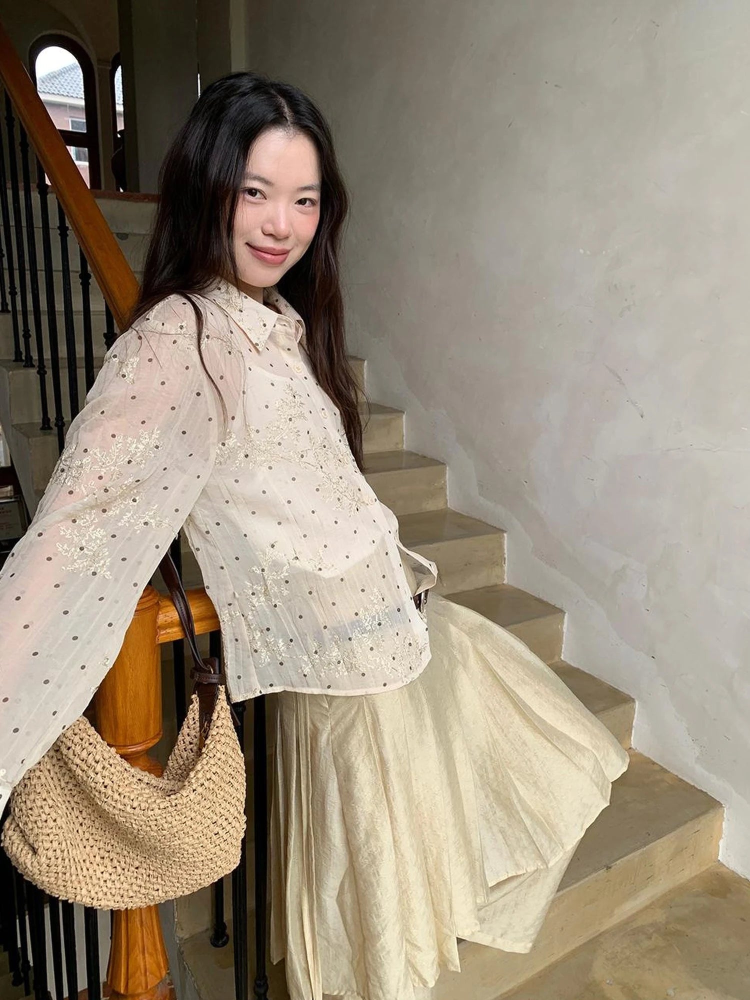 Dory Dot Jacquard Shirt With Gold Embroidery