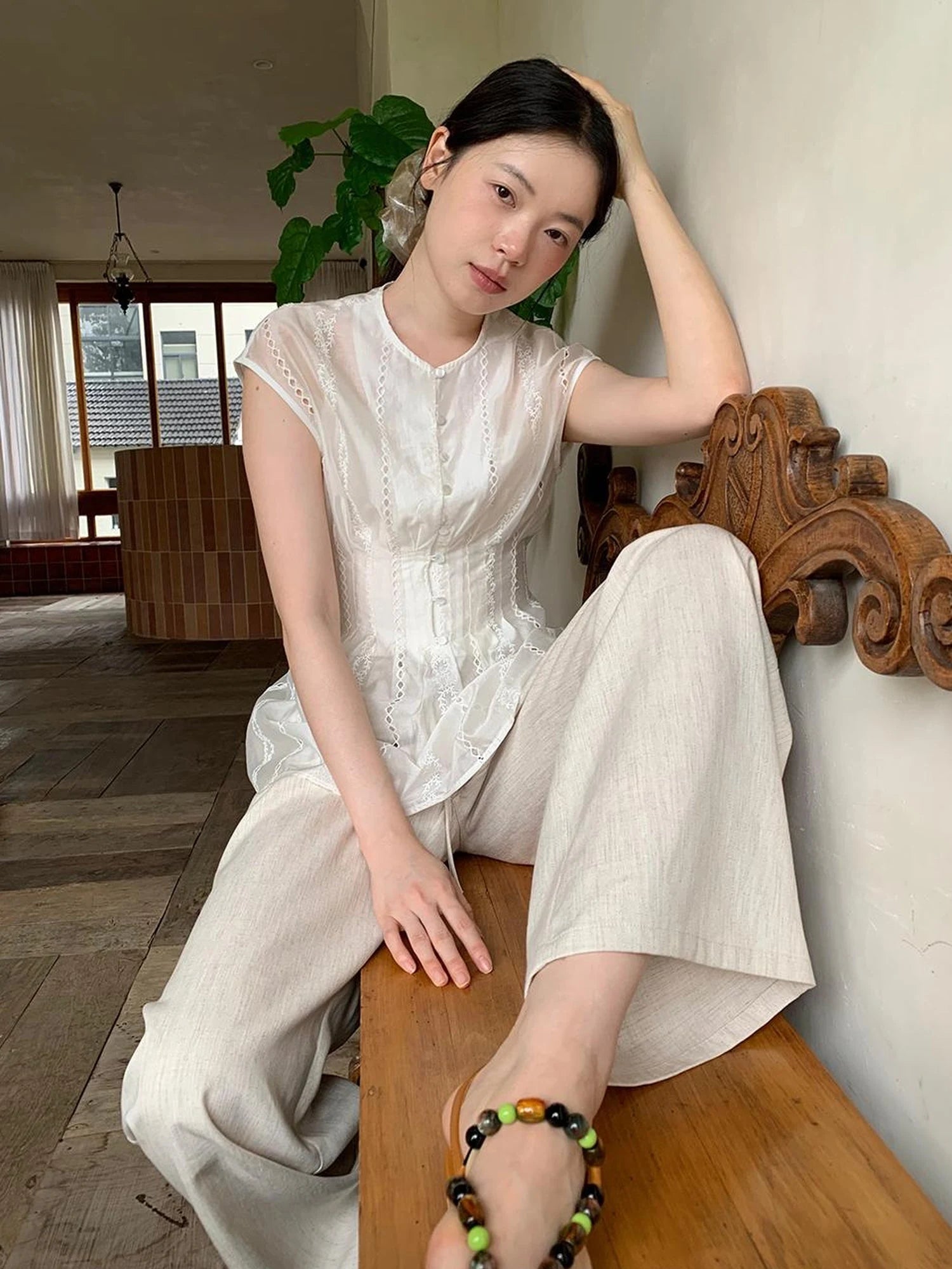 Dorydory Stripe Jacquard Sleeveless Shirt with Waist Cutout