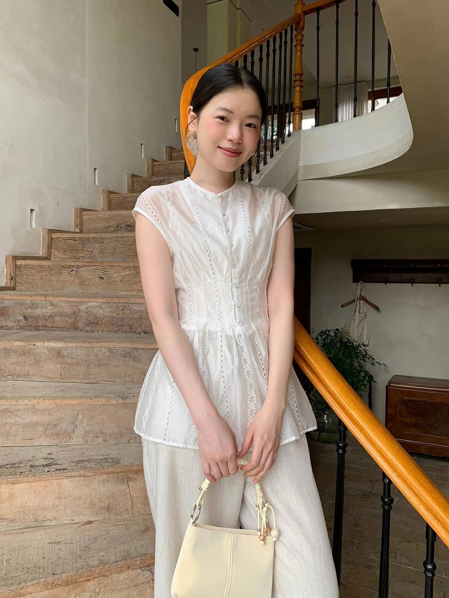 Dorydory Stripe Jacquard Sleeveless Shirt with Waist Cutout