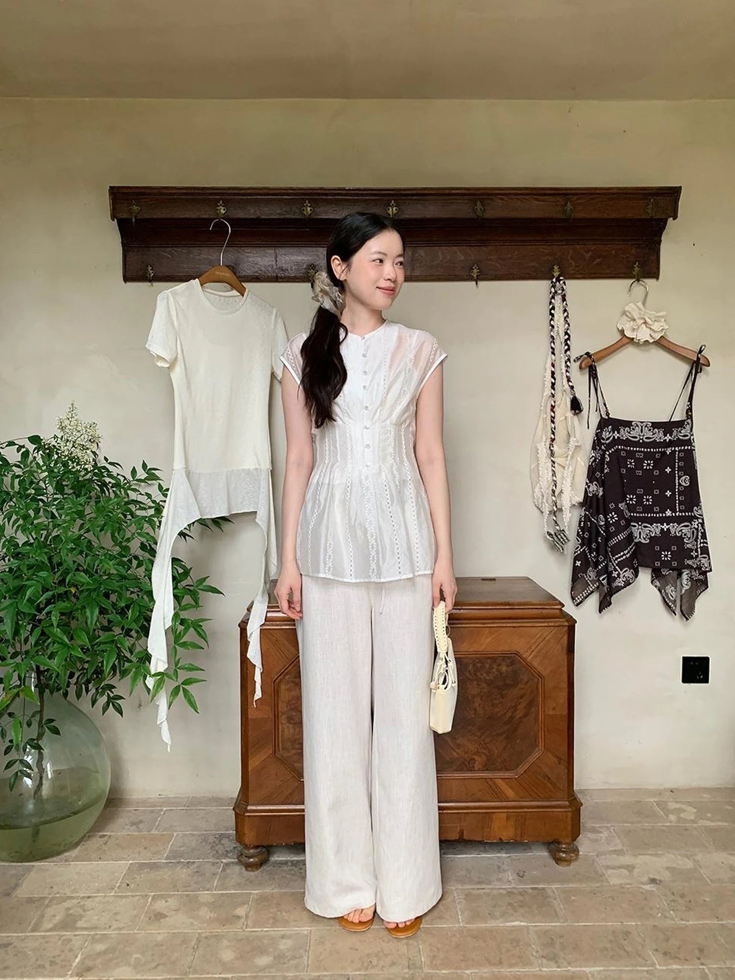 Dorydory Stripe Jacquard Sleeveless Shirt with Waist Cutout