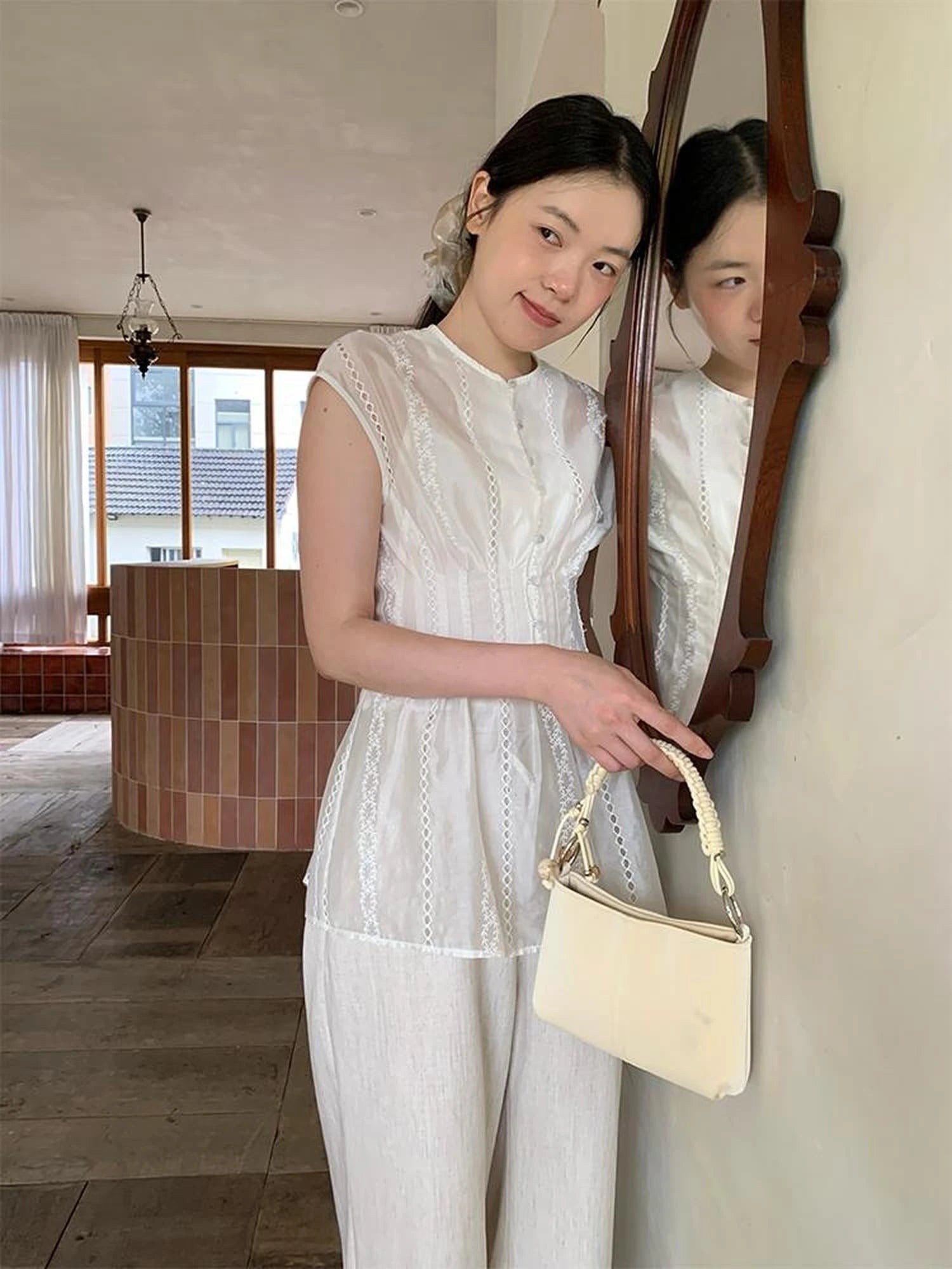 Dorydory Stripe Jacquard Sleeveless Shirt with Waist Cutout