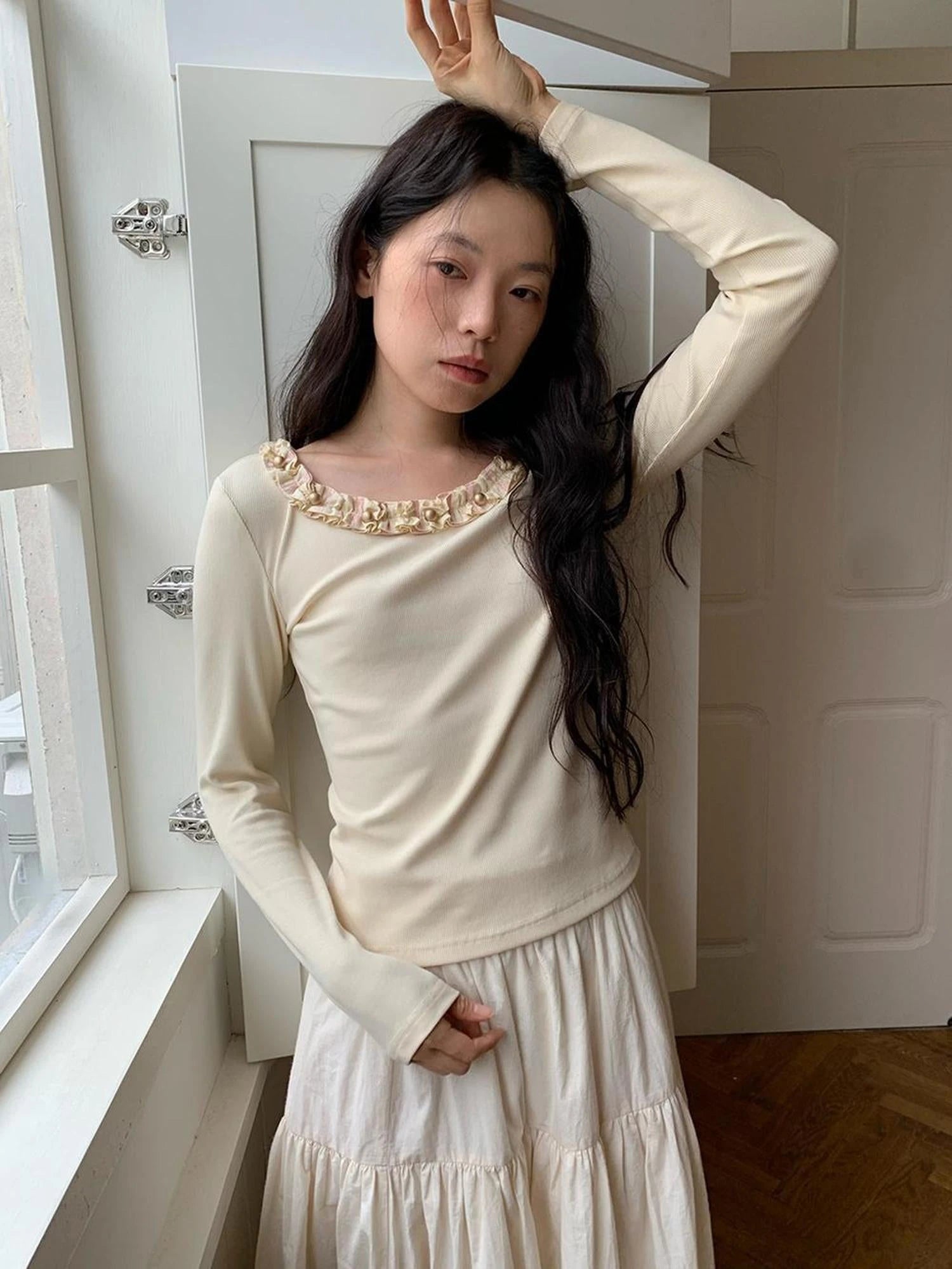 Dorydory White Lace Trim Knit Top With Gold Button