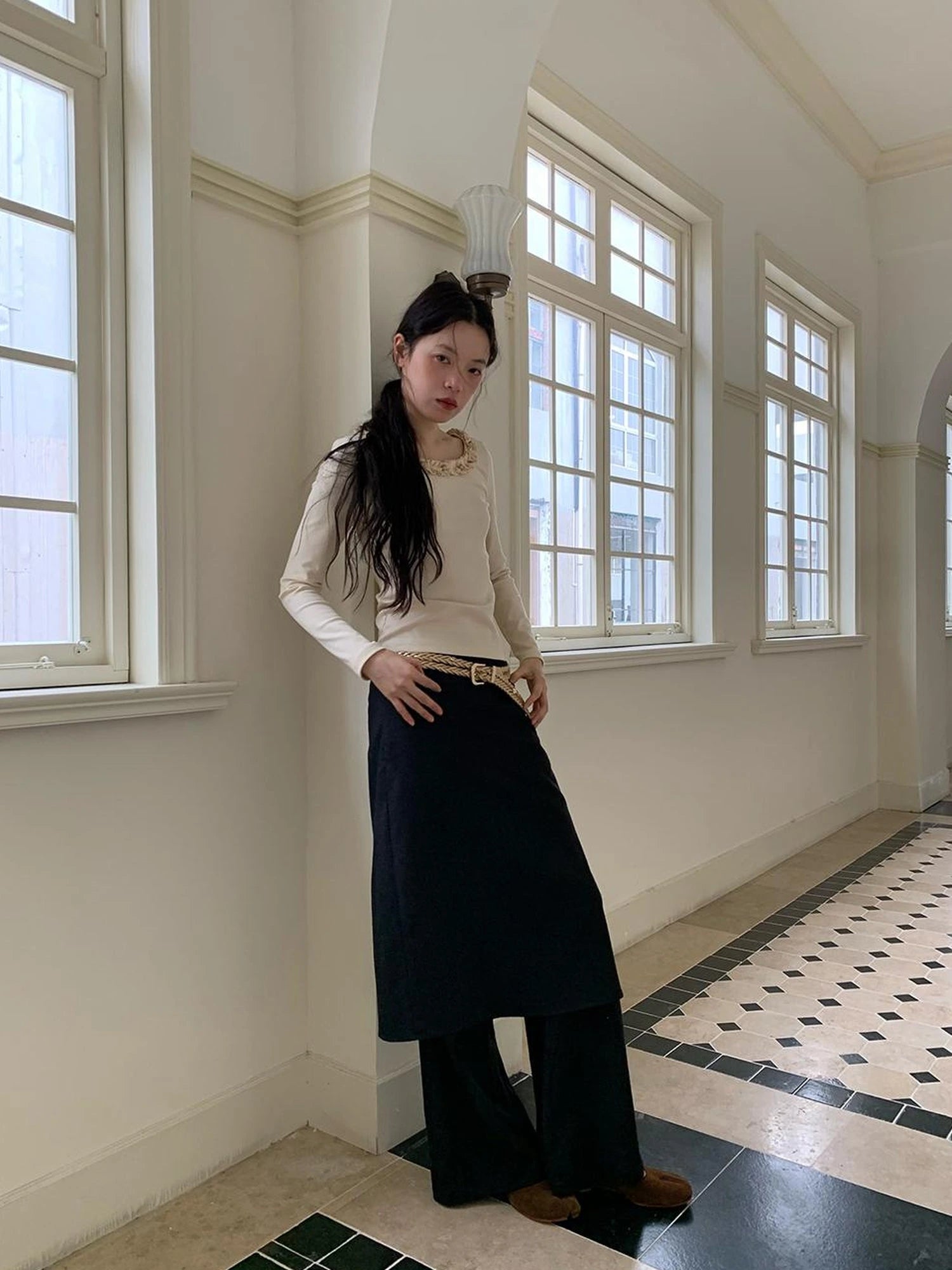 Dorydory White Lace Trim Knit Top With Gold Button