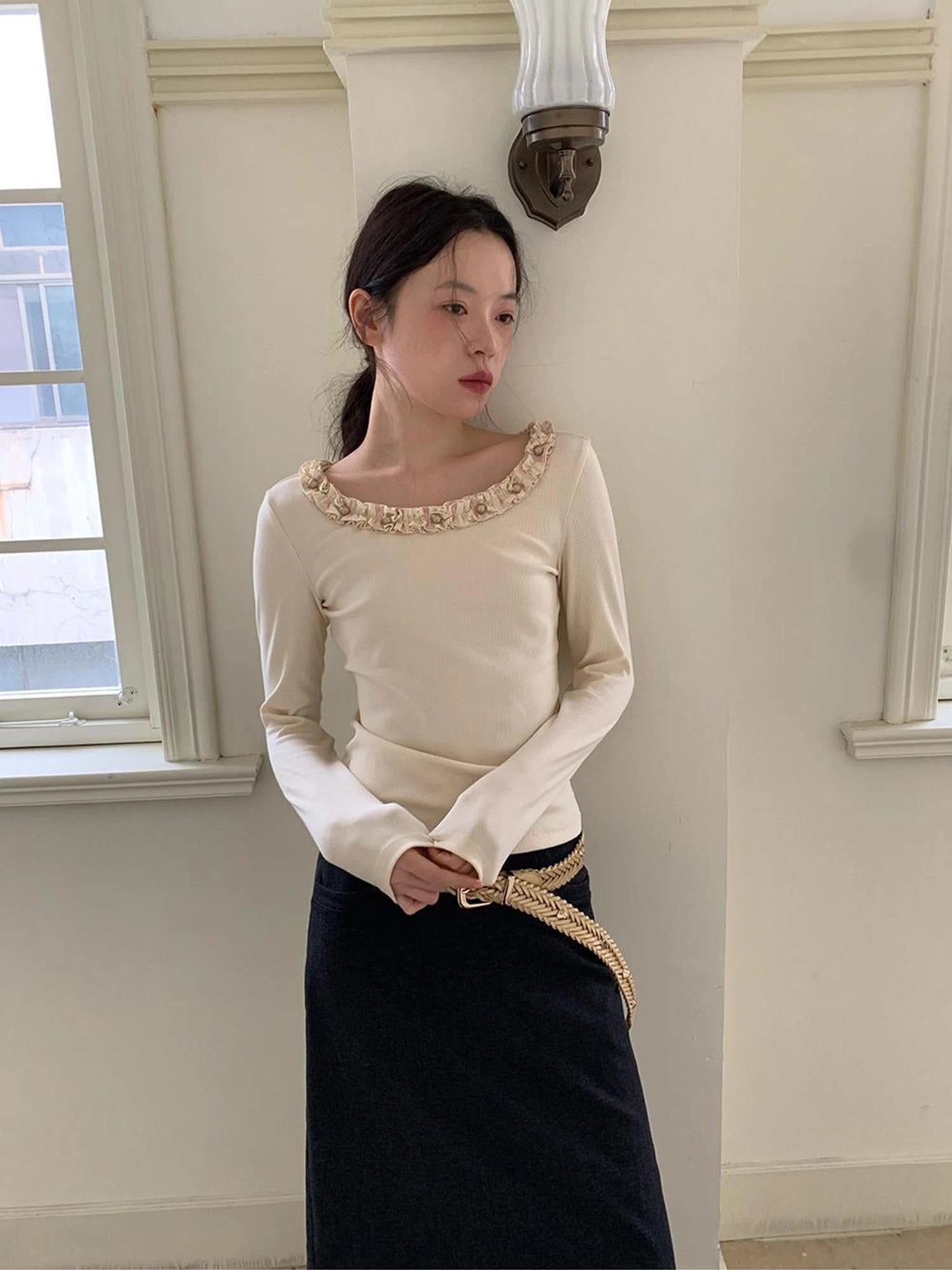 Dorydory White Lace Trim Knit Top With Gold Button