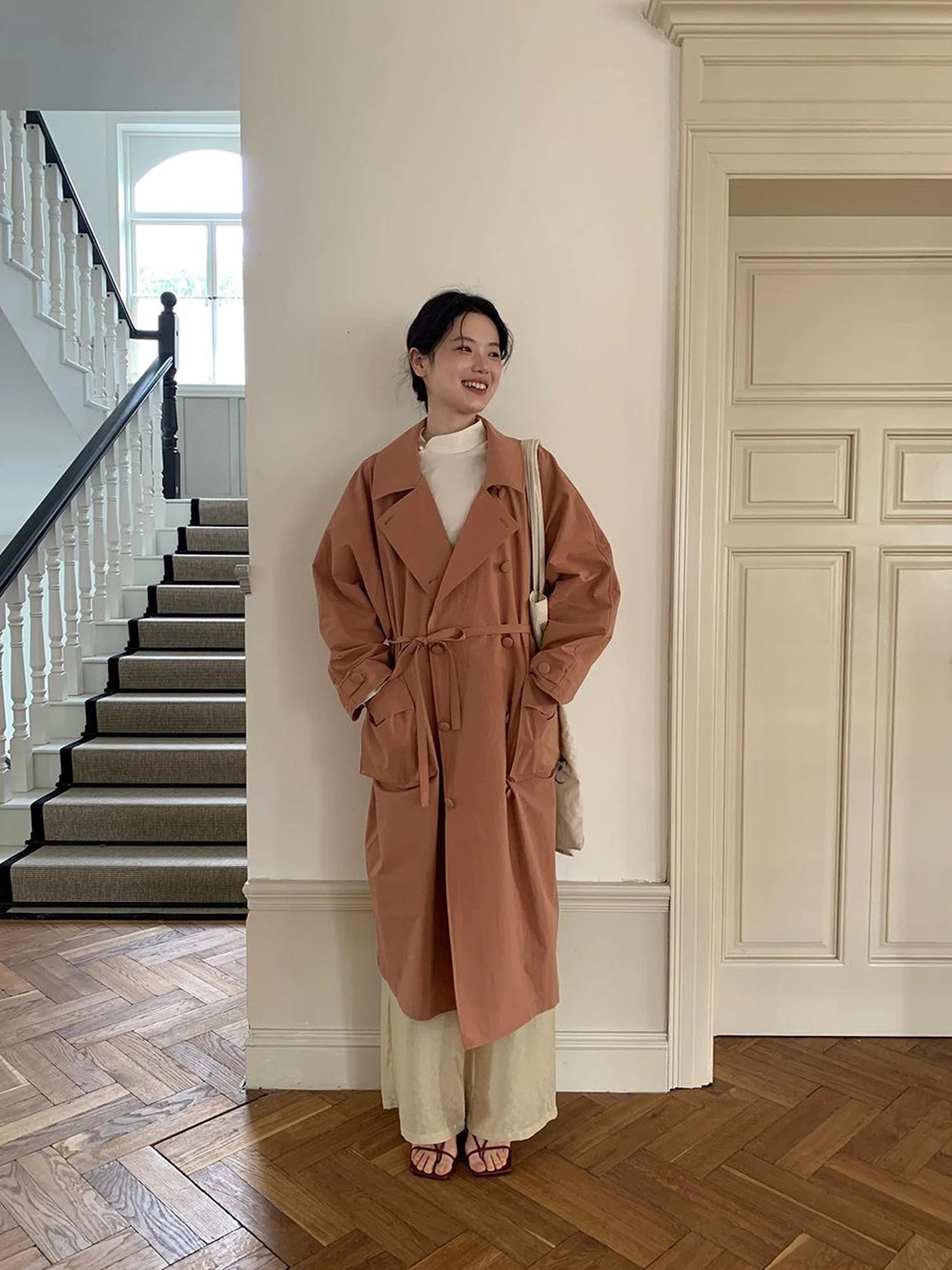 Double Breasted Coral Pink Trench Coat