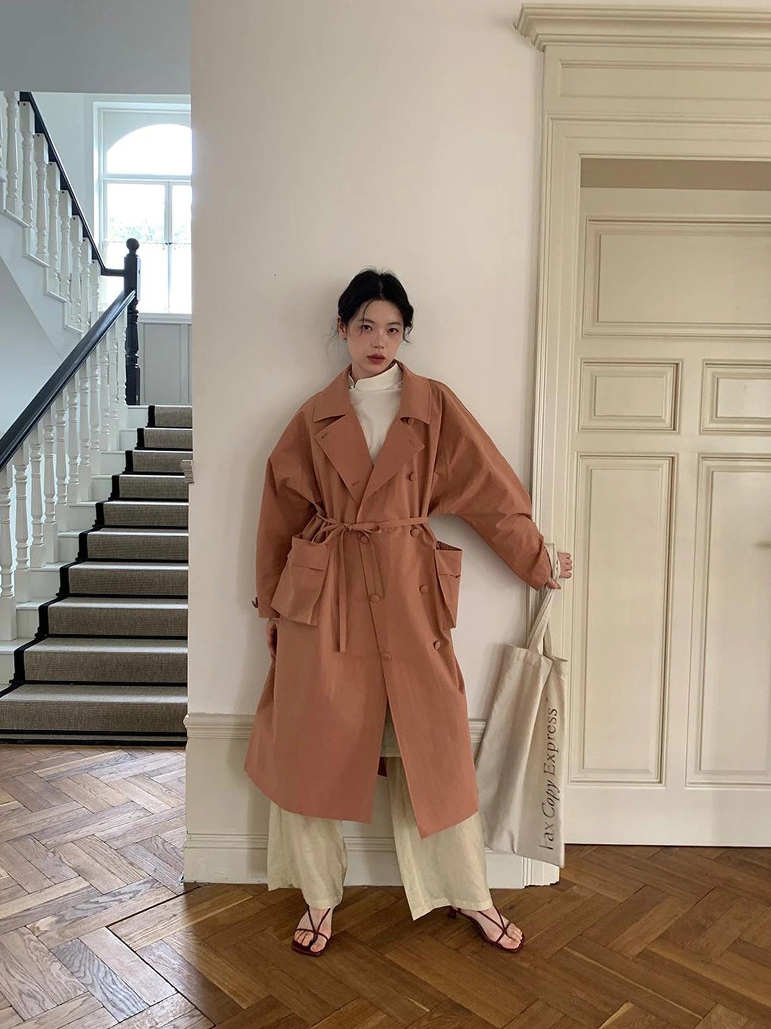 Double Breasted Coral Pink Trench Coat